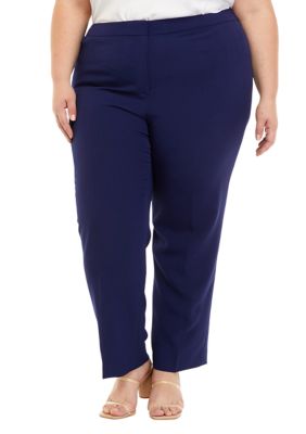 Kasper Women's Plus Size Stretch Crepe Fly Front Side Elastic Trouser Pants, Navy Blue, 14W