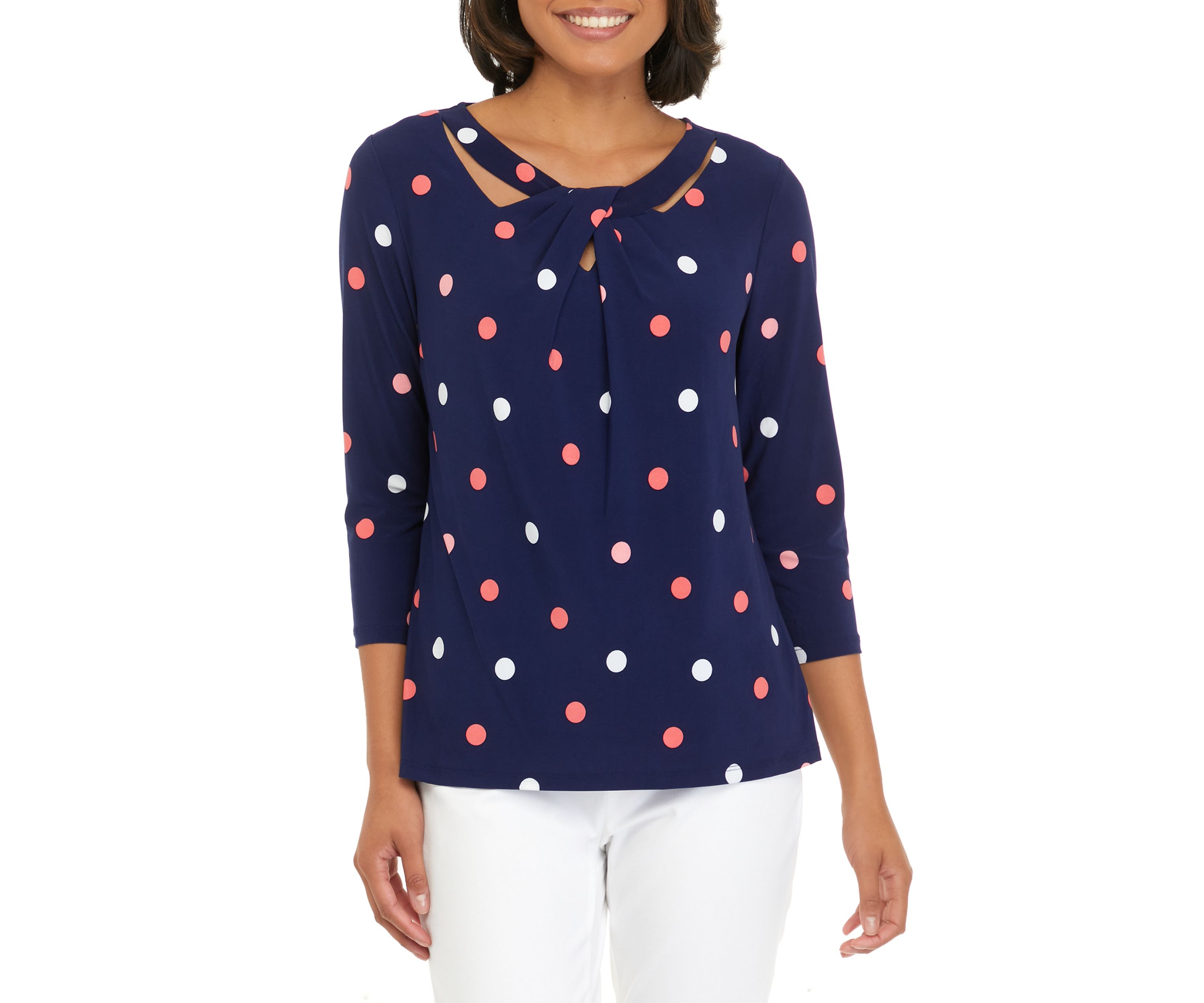 Womens 3/4 Sleeve Printed Criss Cross Round Neck Top