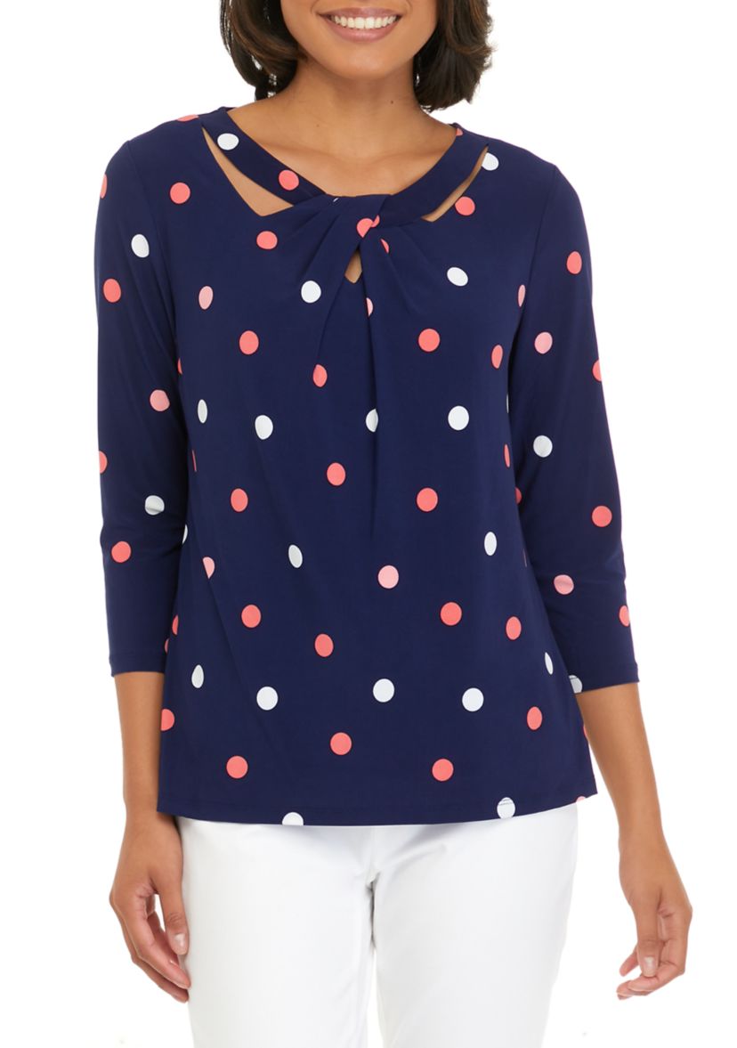 Womens 3/4 Sleeve Printed Criss Cross Round Neck Top