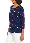 Womens 3/4 Sleeve Printed Criss Cross Round Neck Top