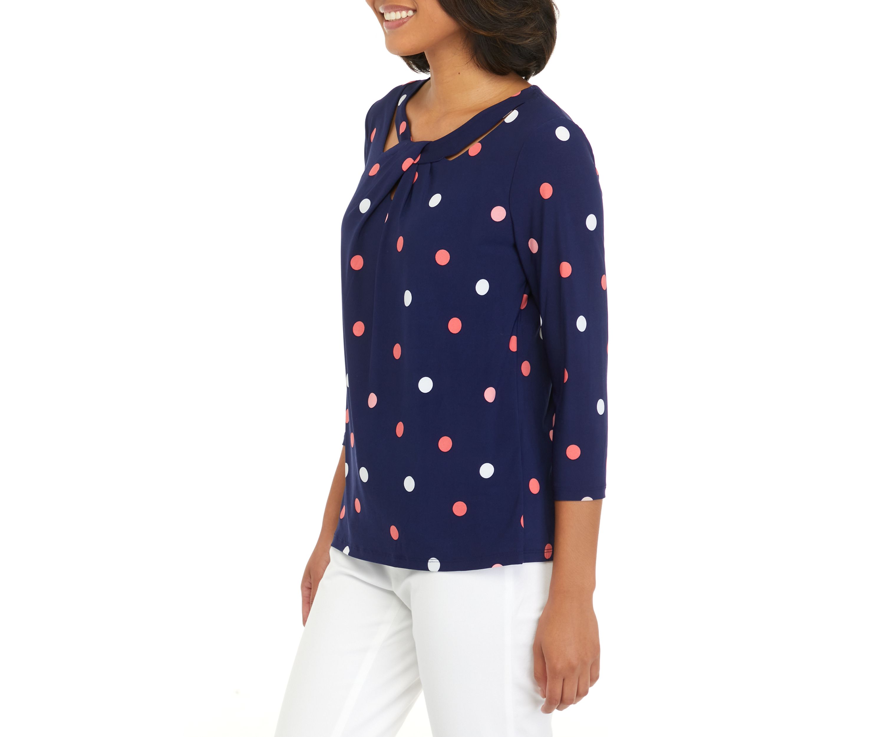 Womens 3/4 Sleeve Printed Criss Cross Round Neck Top