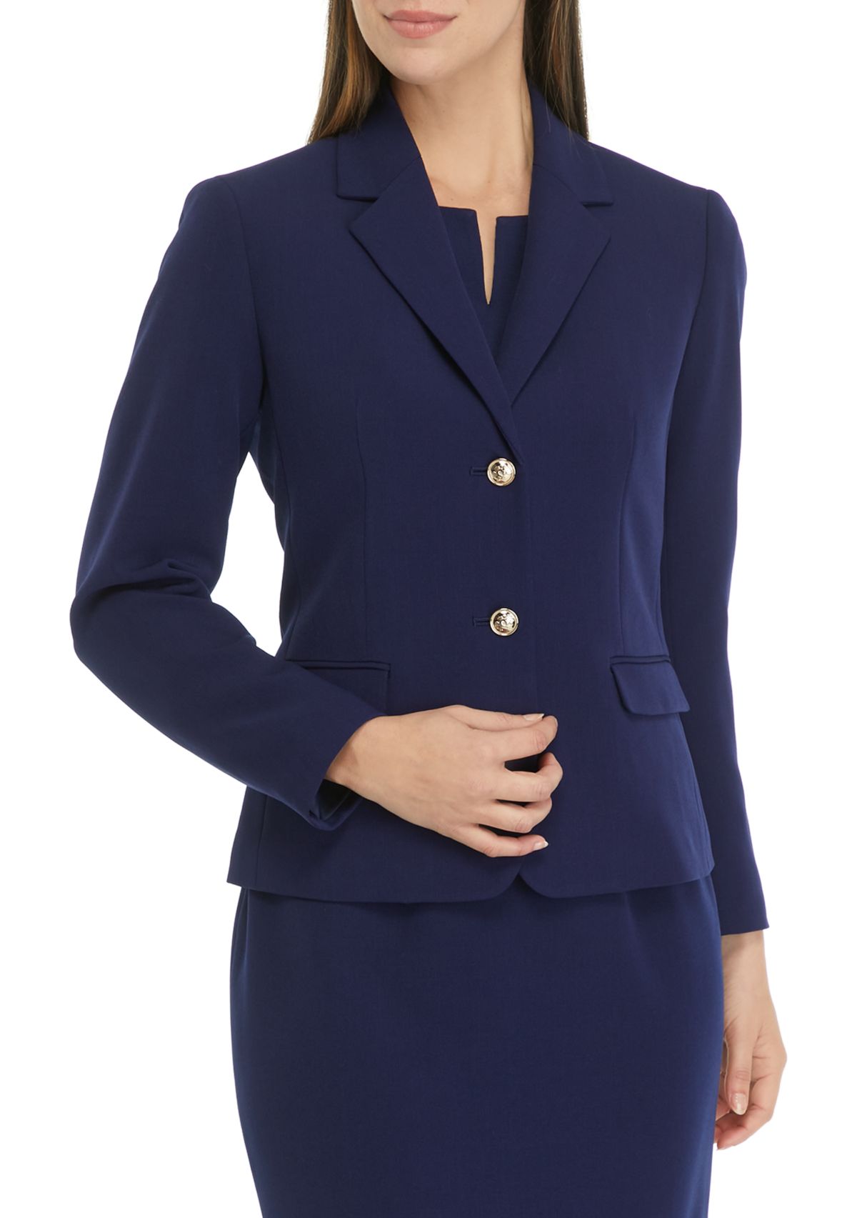 Womens Stretch Crepe Two Button Flap Pocket Jacket