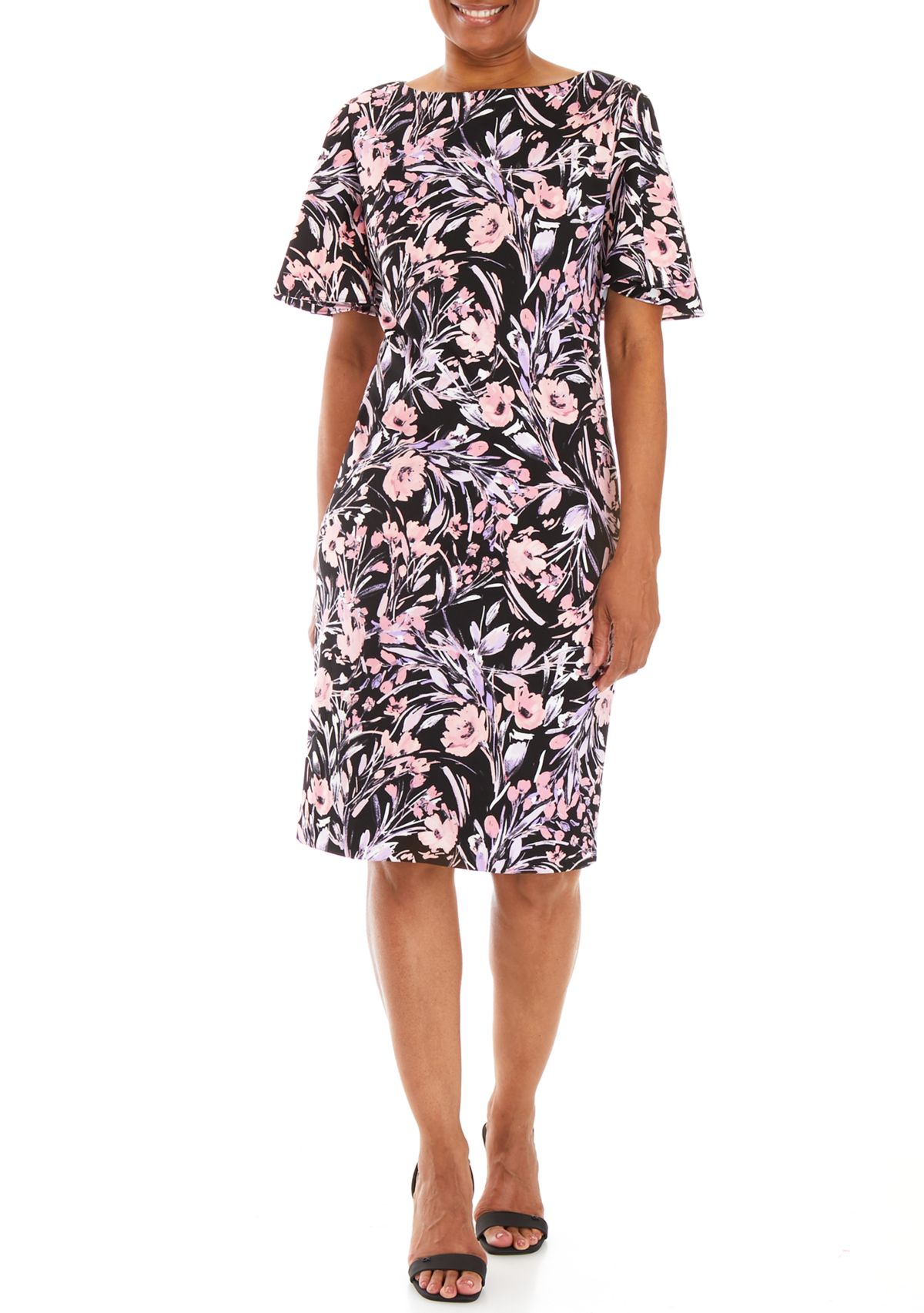Womens Floral Flutter Sleeve Sheath Dress 