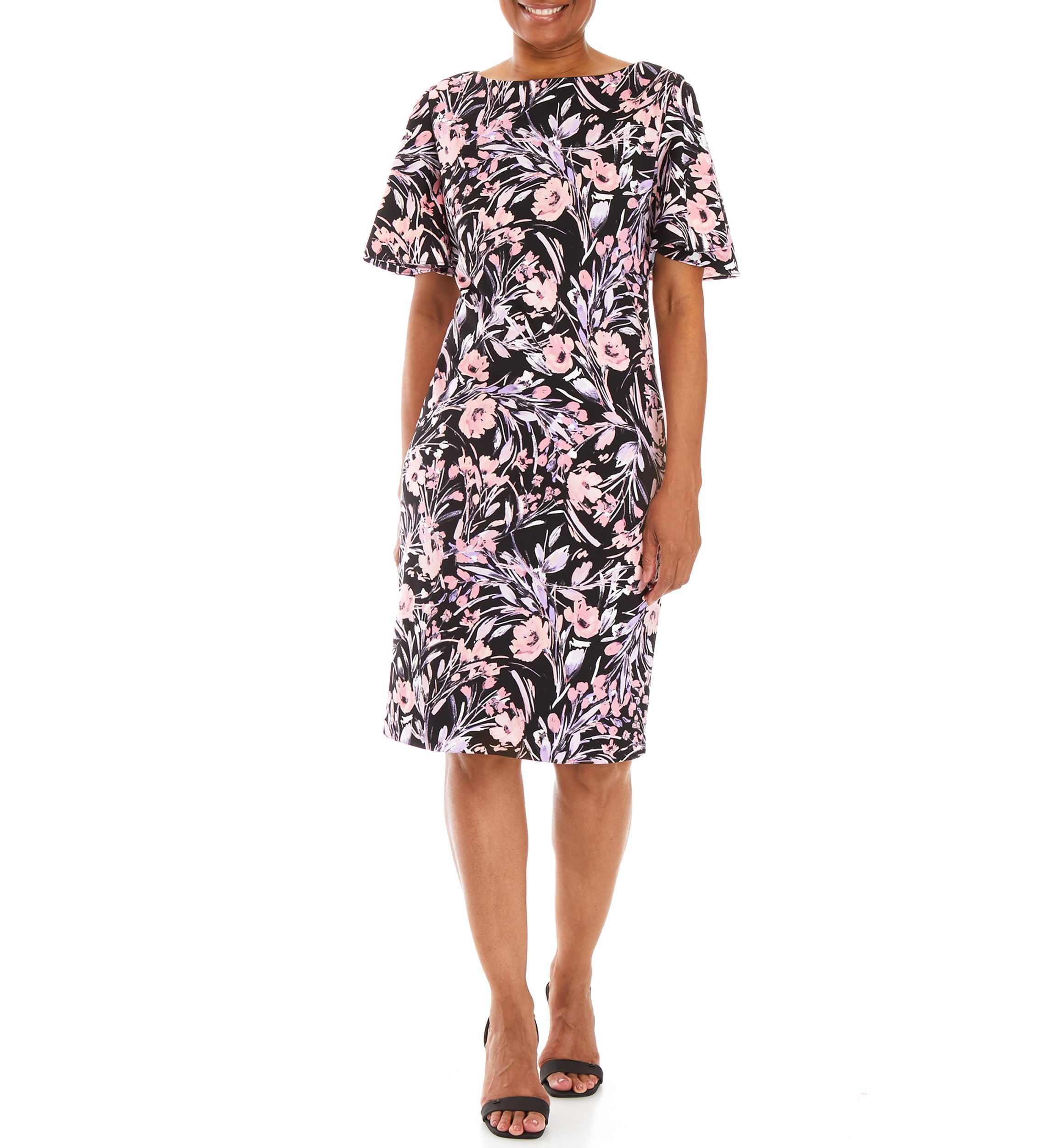 Womens Floral Flutter Sleeve Sheath Dress 