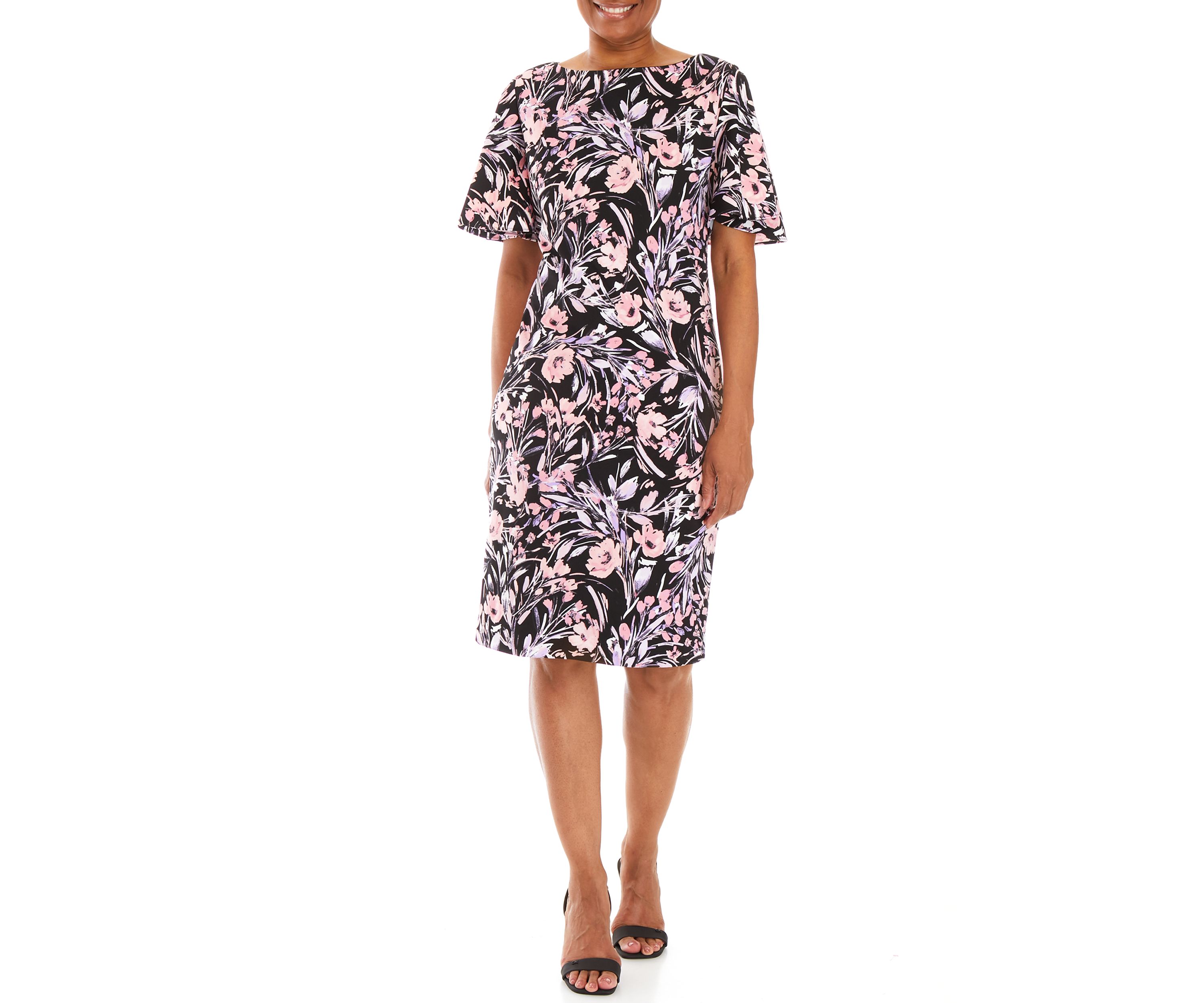 Womens Floral Flutter Sleeve Sheath Dress 