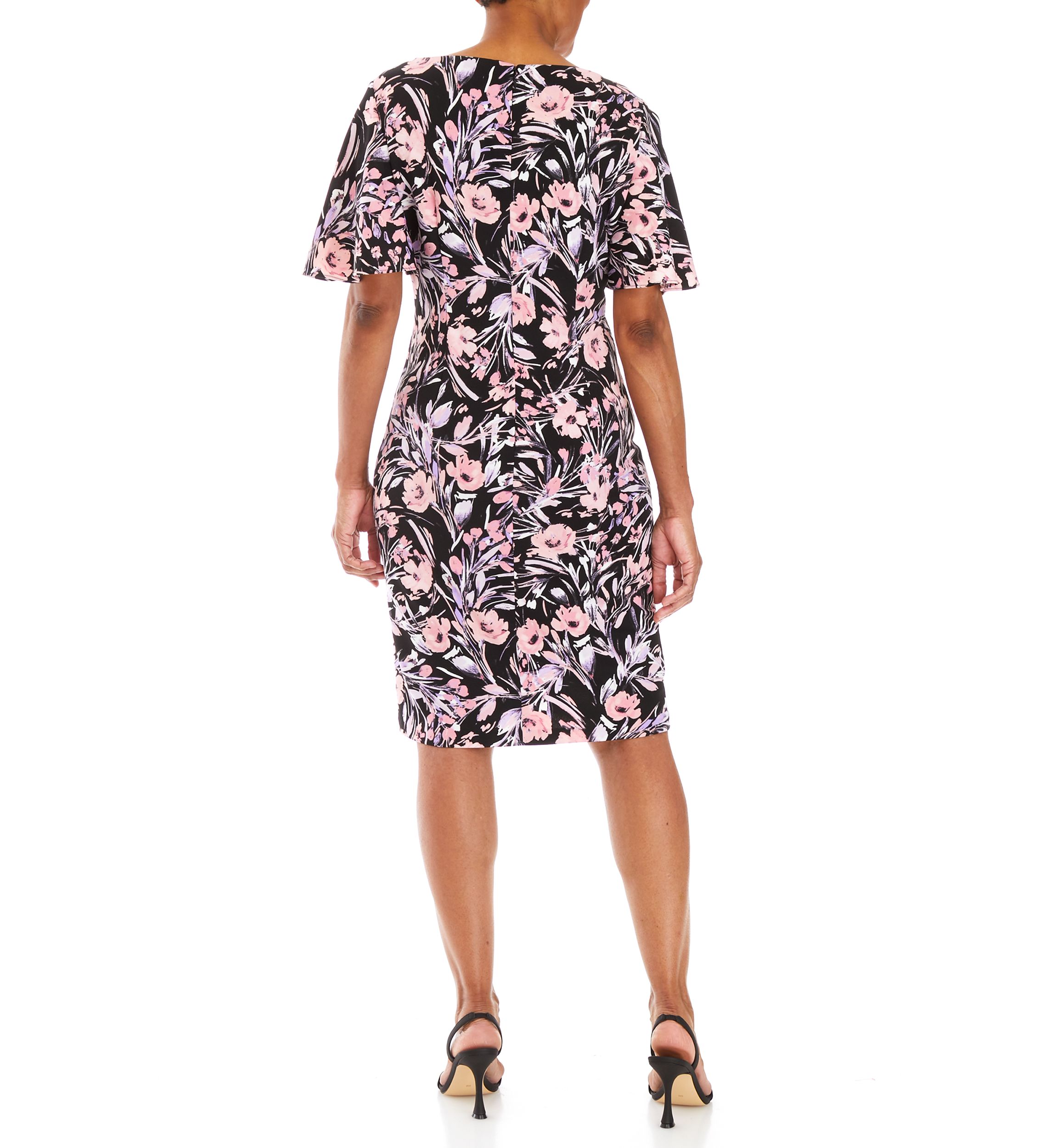 Womens Floral Flutter Sleeve Sheath Dress 