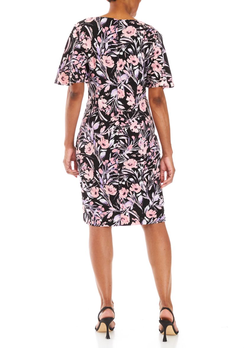 Womens Floral Flutter Sleeve Sheath Dress 
