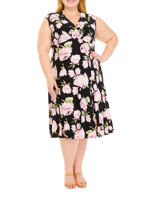 Plus Size Cap Sleeve Floral Midi Dress 