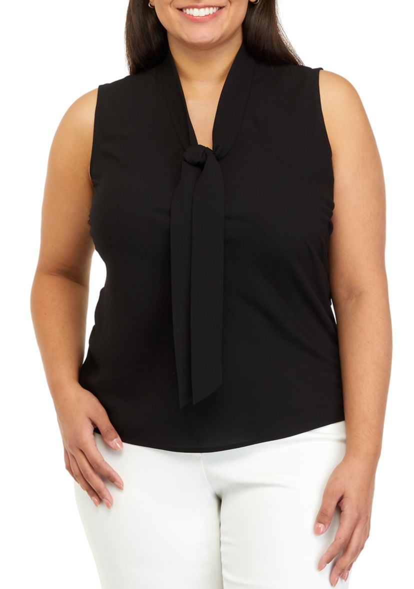 Plus Size Sleeveless Tie Neck Blouse