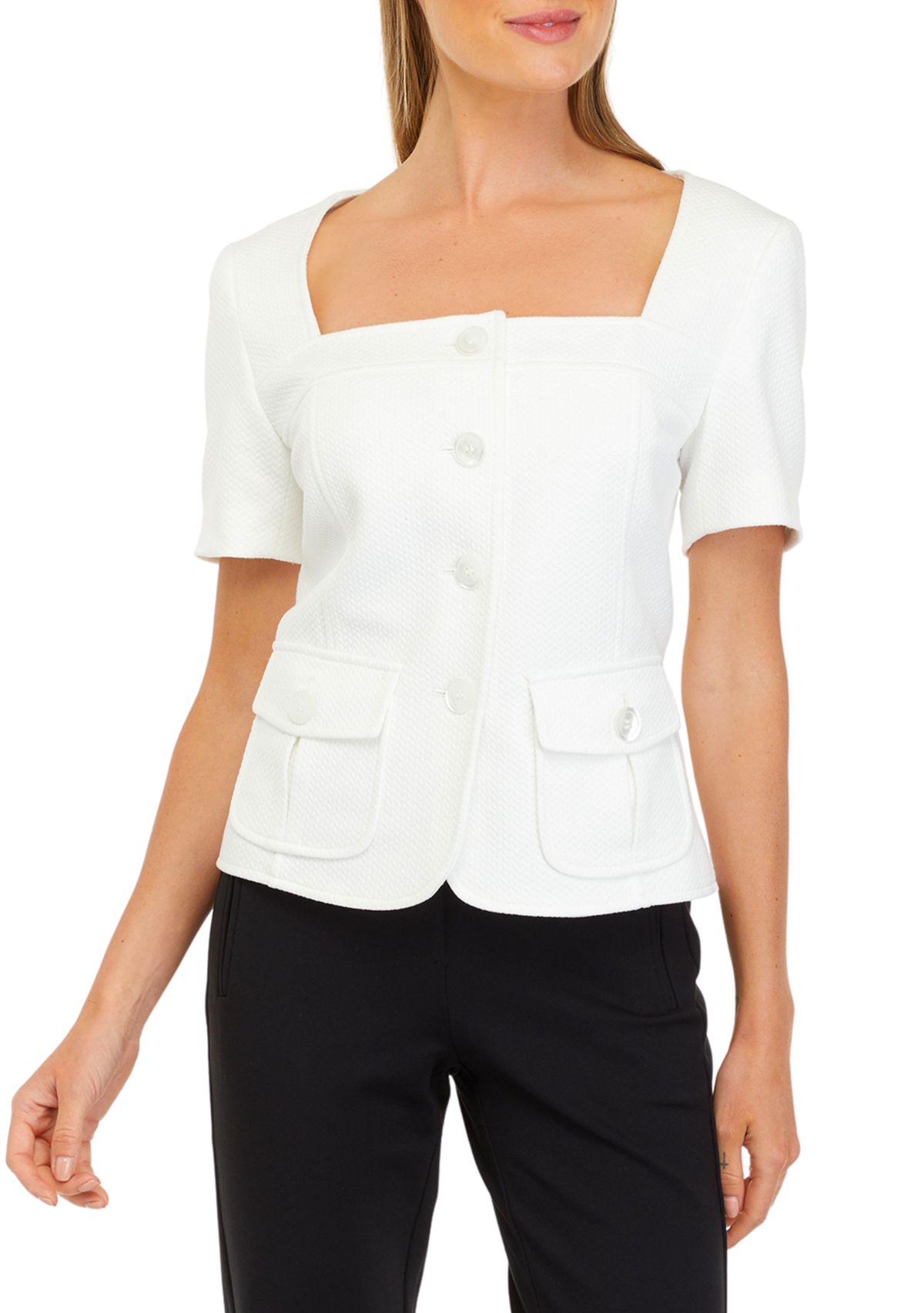 Womens Short Sleeve Square Neck Button Front Piqué Jacket 