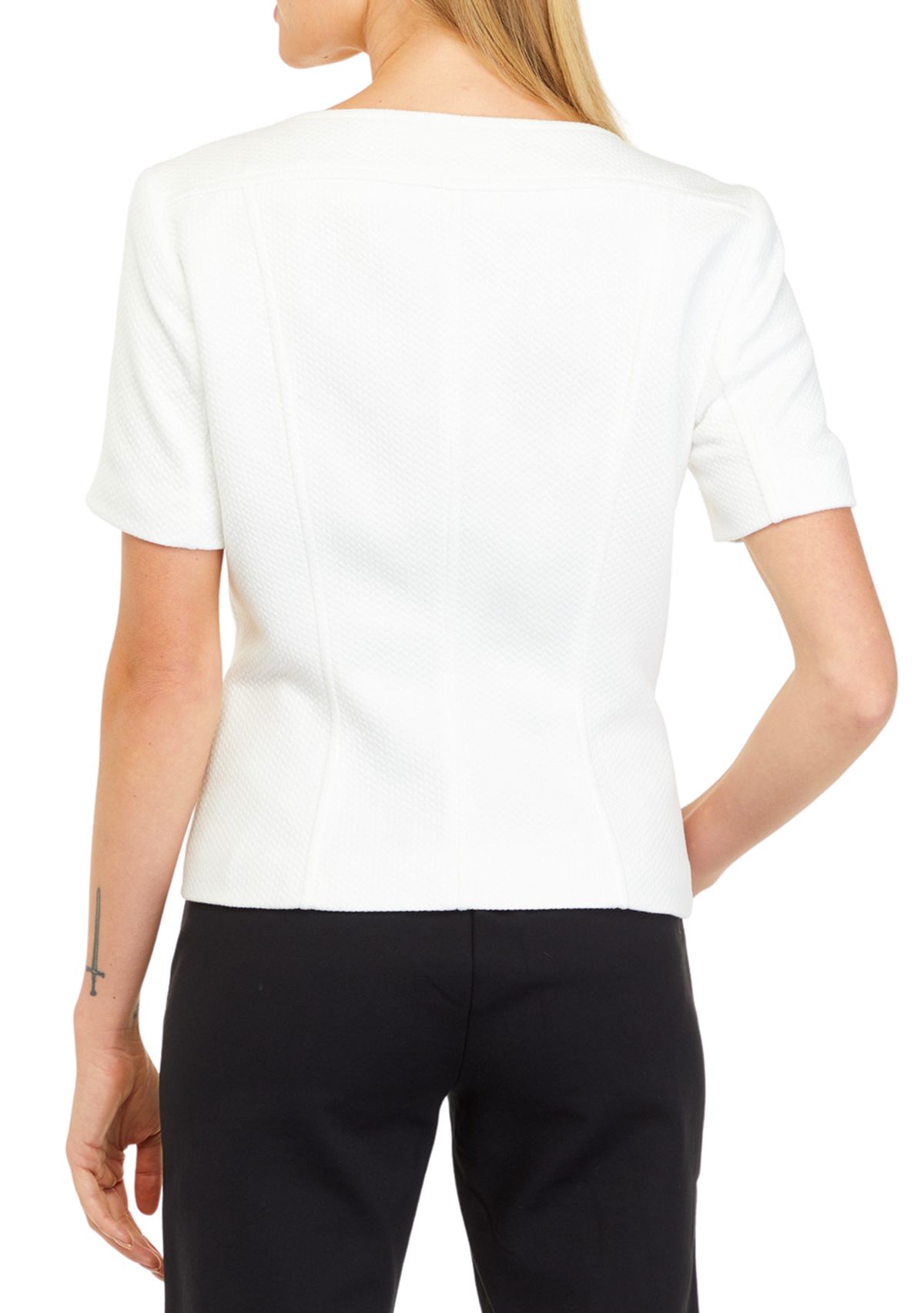 Womens Short Sleeve Square Neck Button Front Piqué Jacket 