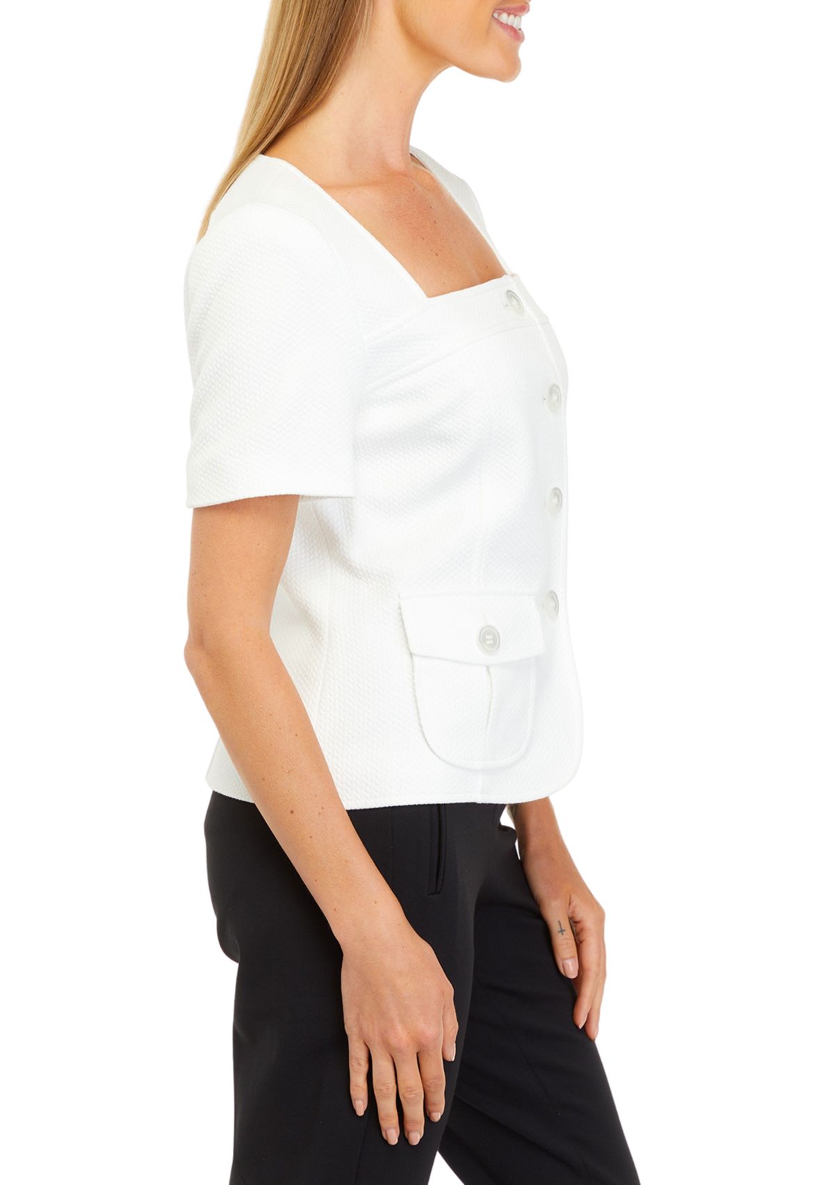 Womens Short Sleeve Square Neck Button Front Piqué Jacket 