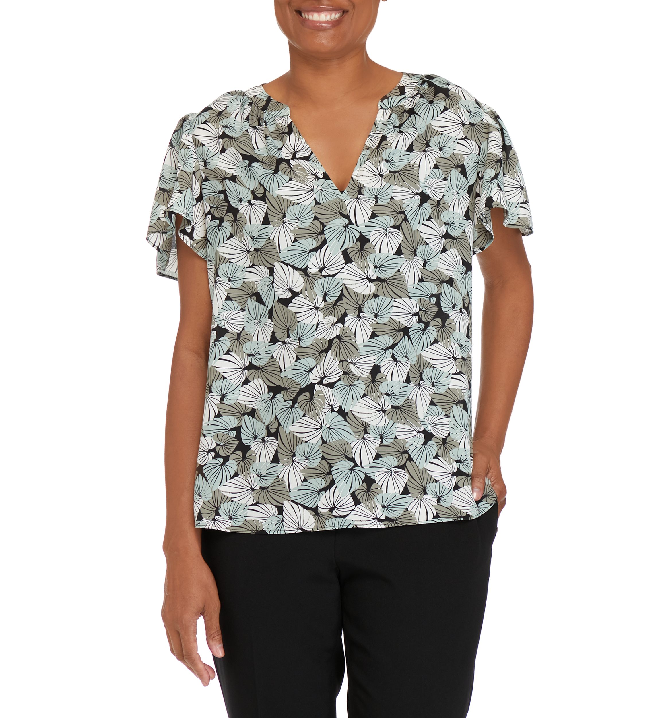 Womens V-Neck Flutter Sleeve Palm Print Woven Top 
