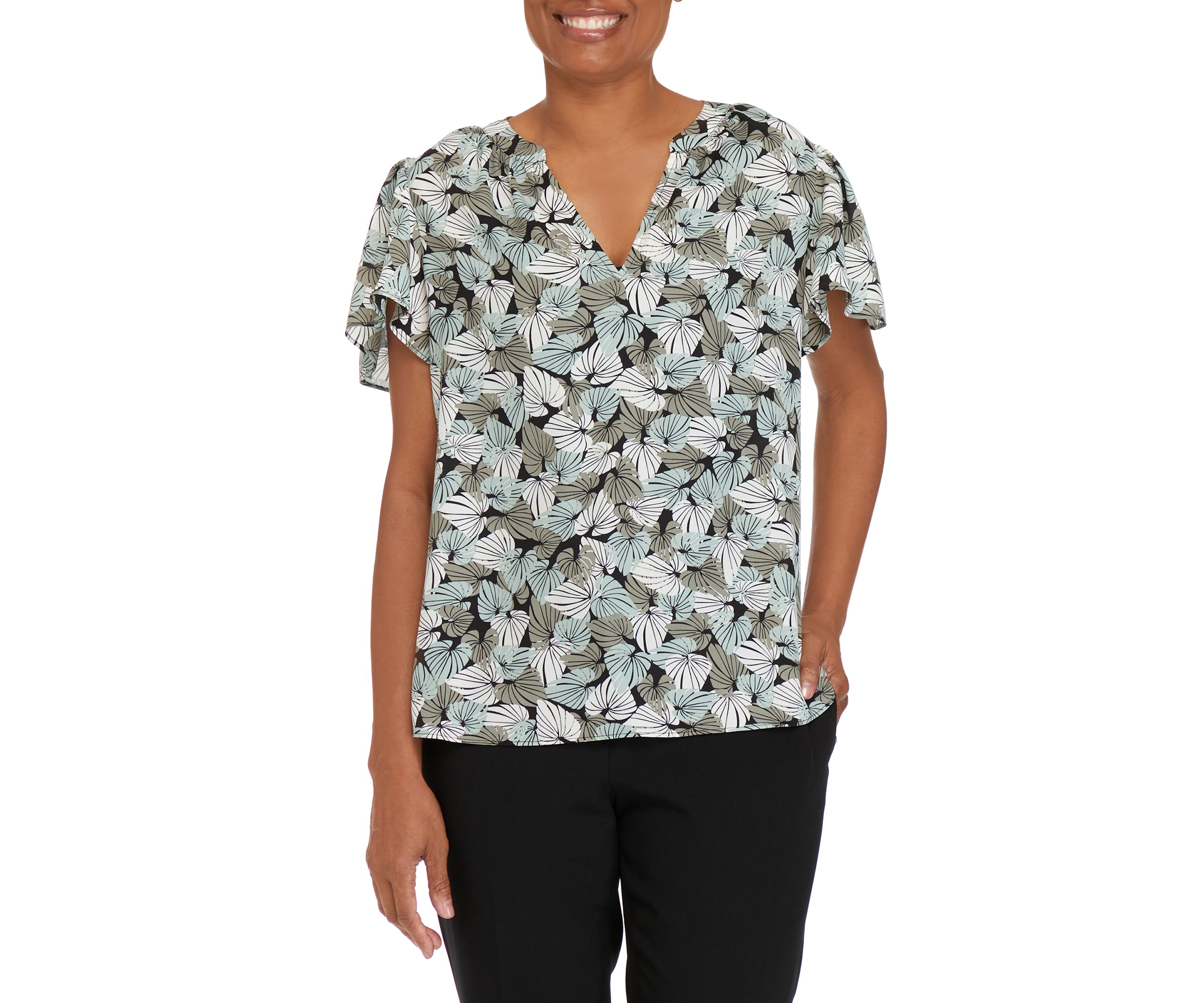 Womens V-Neck Flutter Sleeve Palm Print Woven Top 