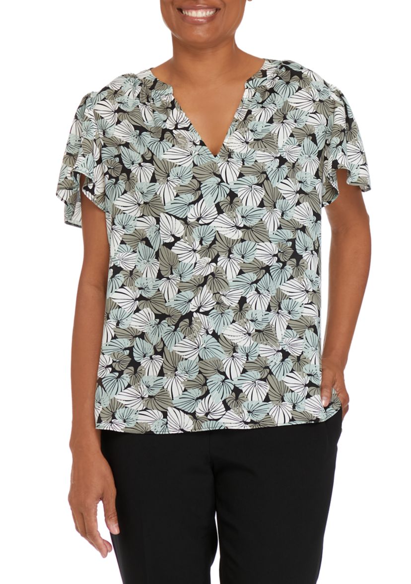 Womens V-Neck Flutter Sleeve Palm Print Woven Top 