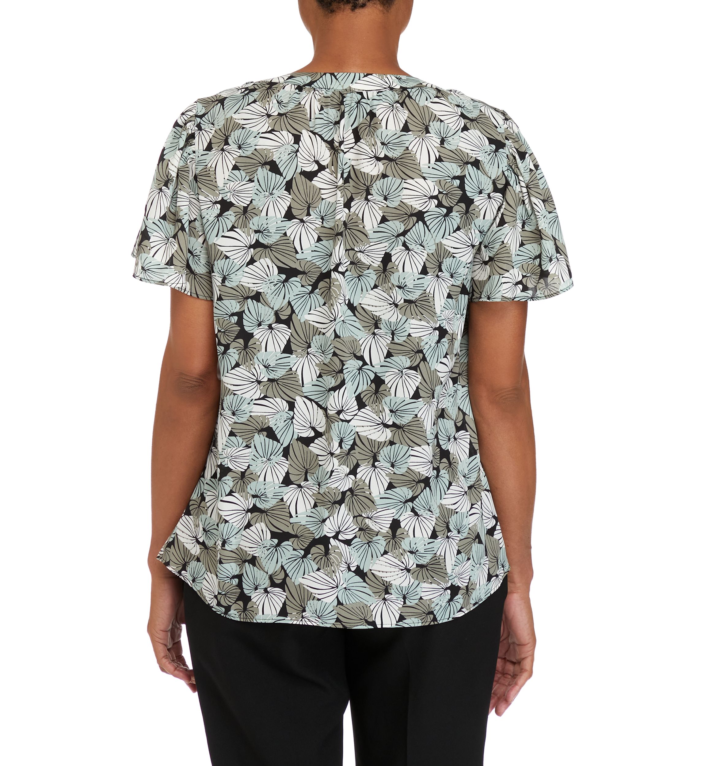 Womens V-Neck Flutter Sleeve Palm Print Woven Top 