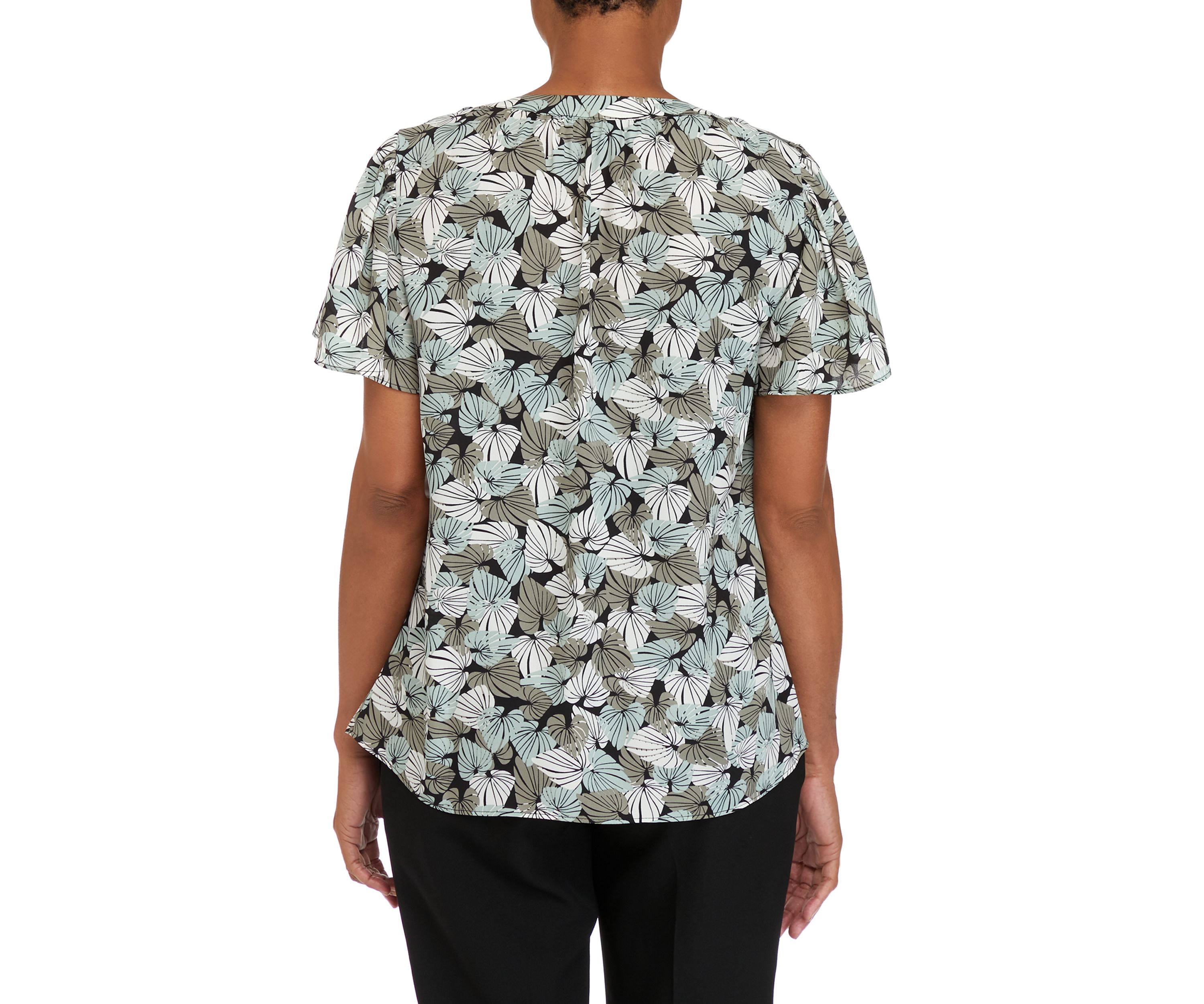 Womens V-Neck Flutter Sleeve Palm Print Woven Top 