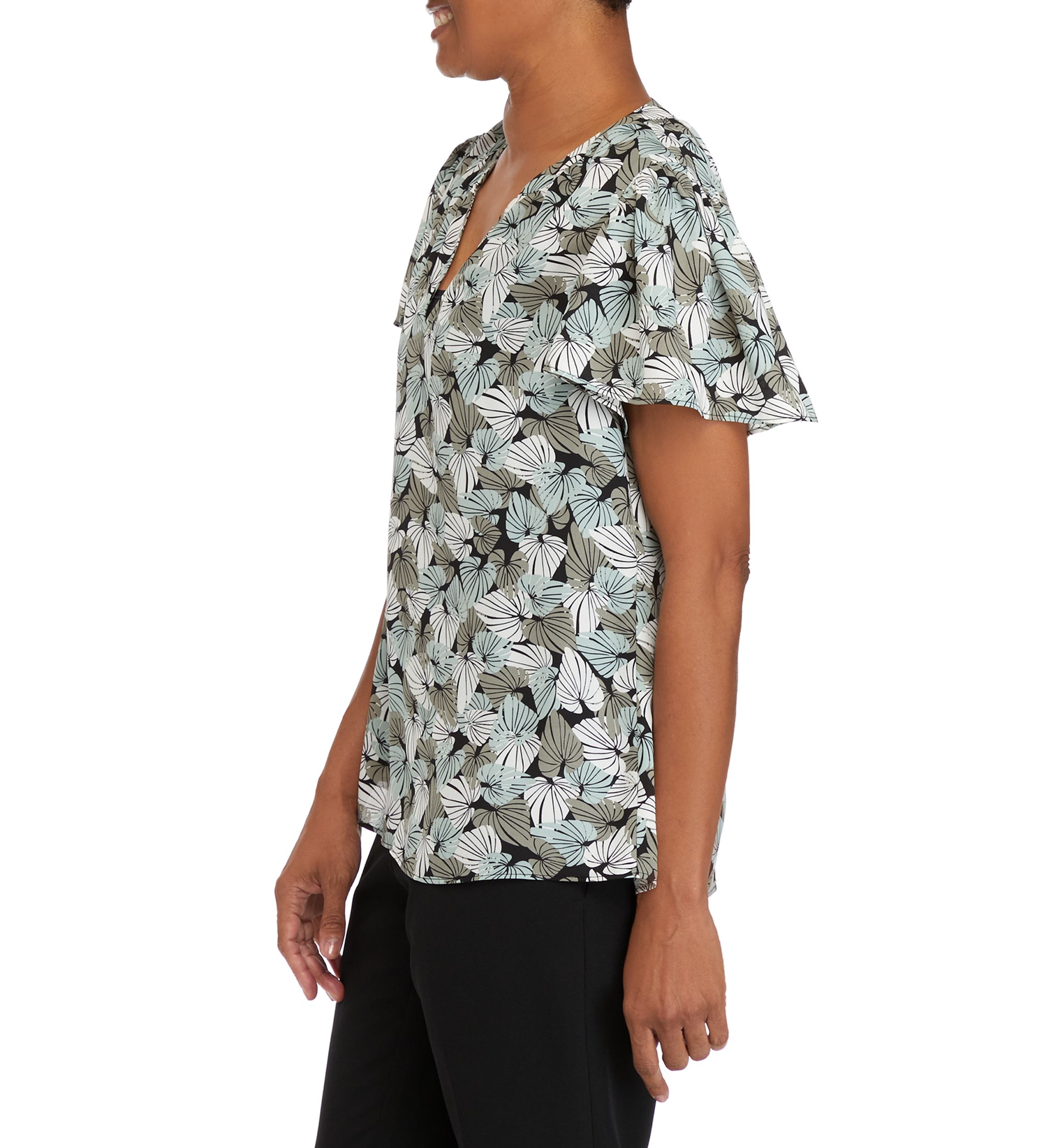 Womens V-Neck Flutter Sleeve Palm Print Woven Top 