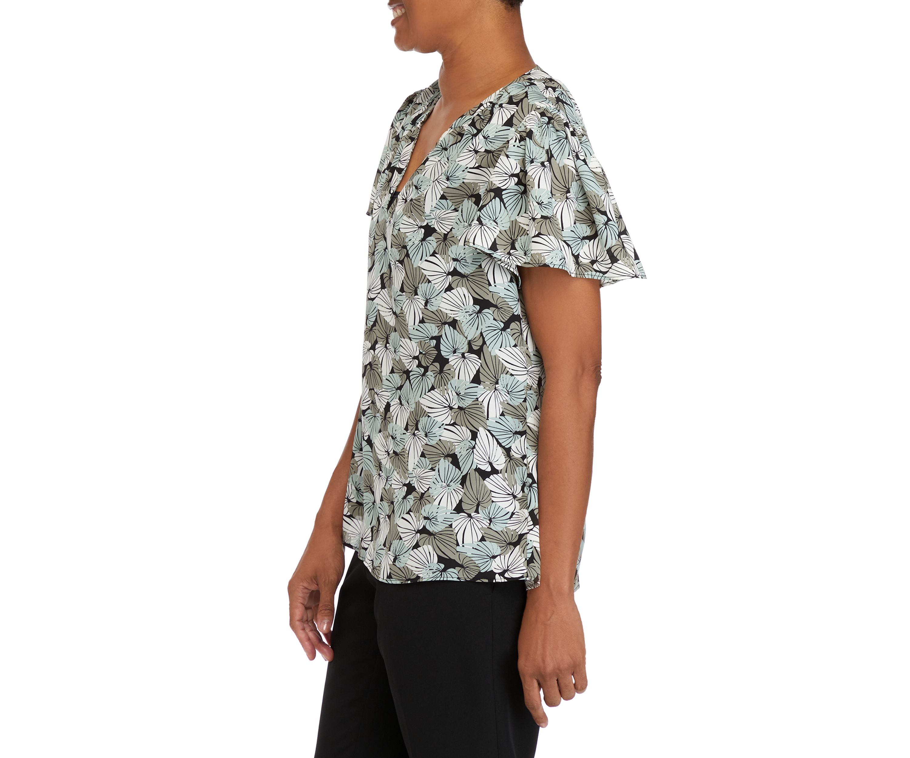 Womens V-Neck Flutter Sleeve Palm Print Woven Top 