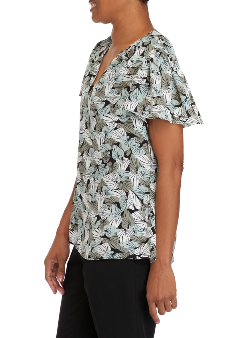 Womens V-Neck Flutter Sleeve Palm Print Woven Top 