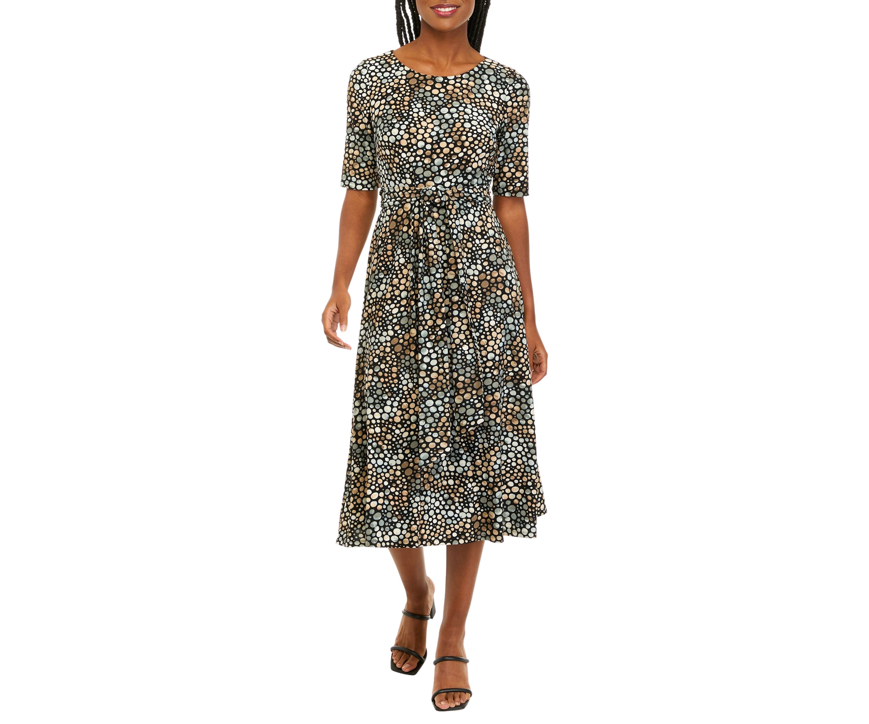 Womens Short Sleeve Dot Print Fit and Flare Dress 