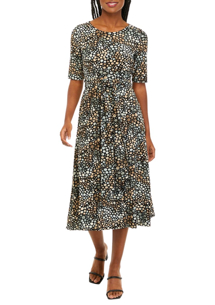 Womens Short Sleeve Dot Print Fit and Flare Dress 