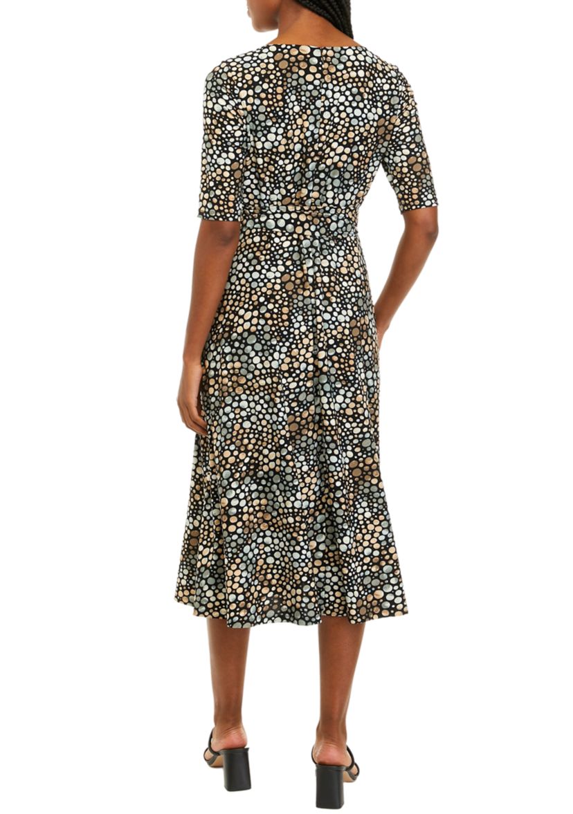 Womens Short Sleeve Dot Print Fit and Flare Dress 