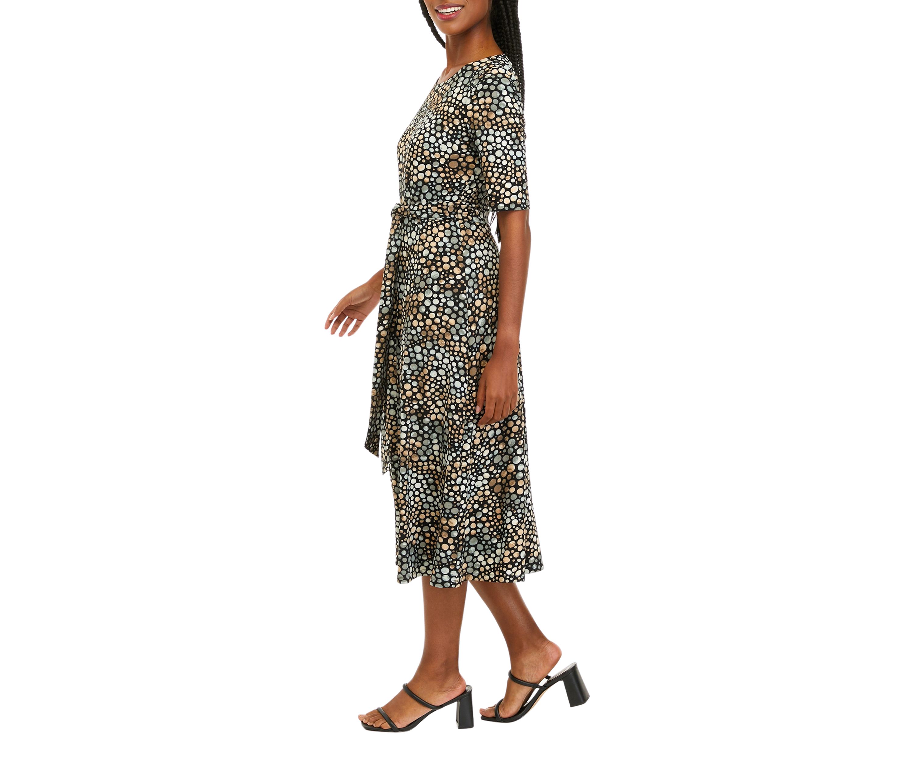 Womens Short Sleeve Dot Print Fit and Flare Dress 