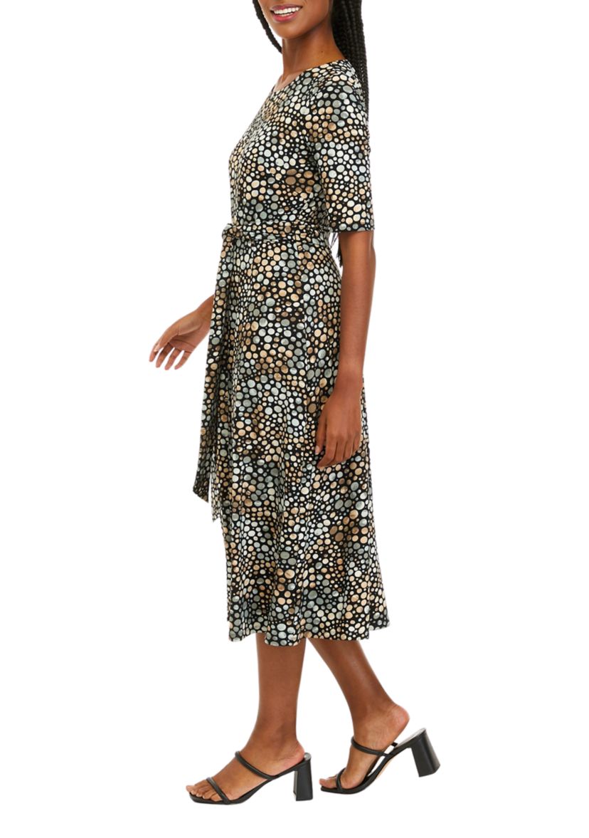 Womens Short Sleeve Dot Print Fit and Flare Dress 