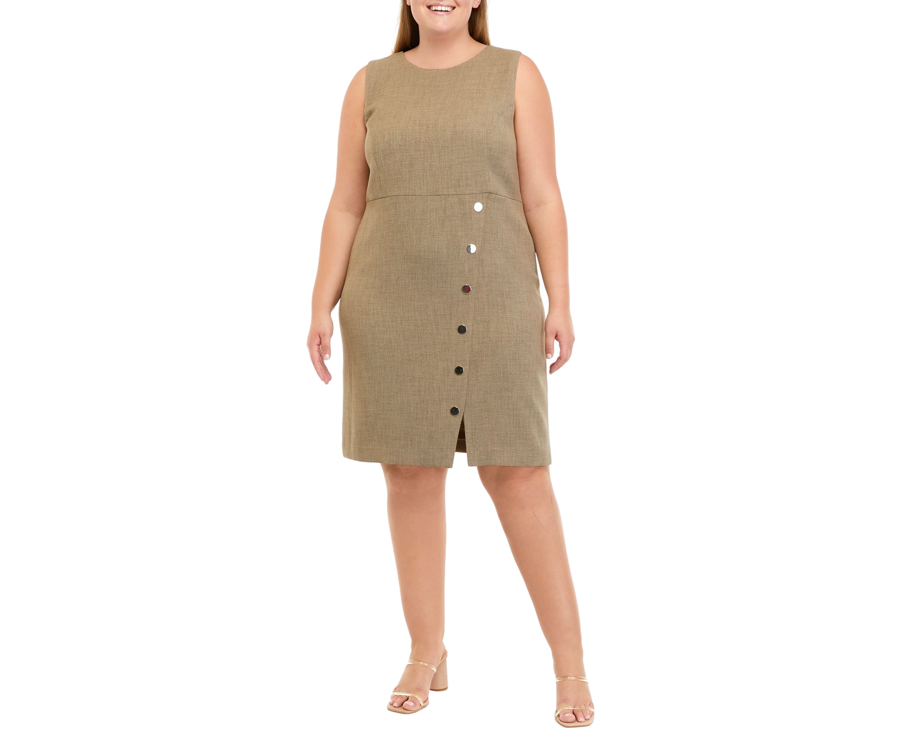 Plus Size Asymmetric Button Crepe Sheath Dress 