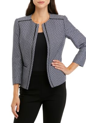 Kasper Women's Long Sleeve Open Front Leather Piped Tweed Jacket | belk