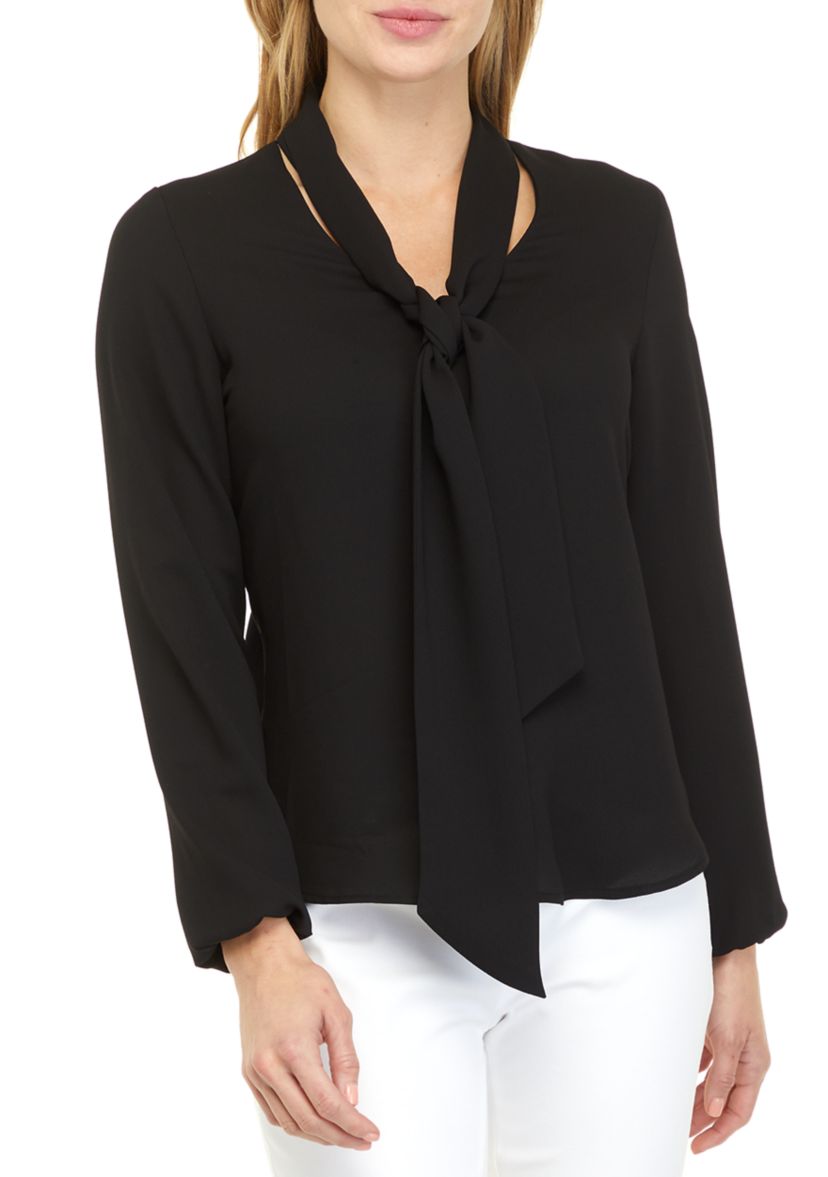 Womens Long Sleeve Tie Front V-Neck Blouse