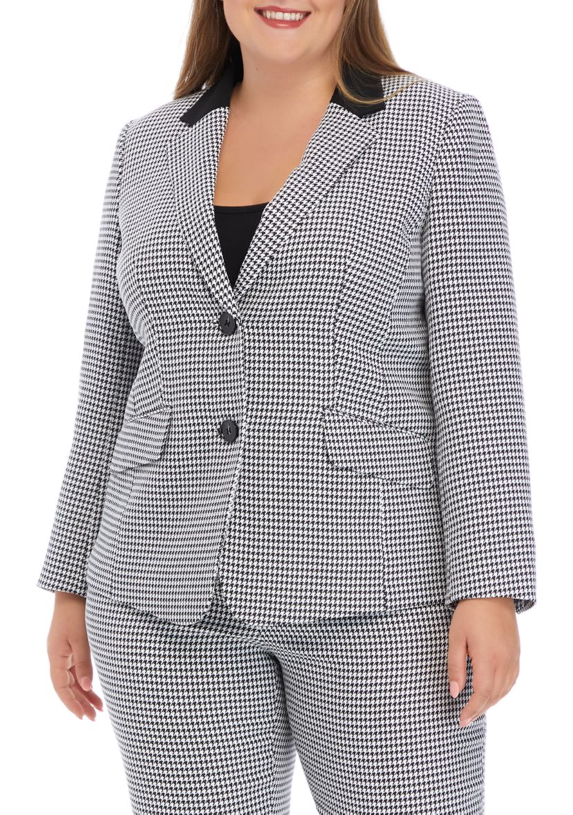 Plus Size Long Sleeve Two Button Notch Collar Houndstooth Blazer