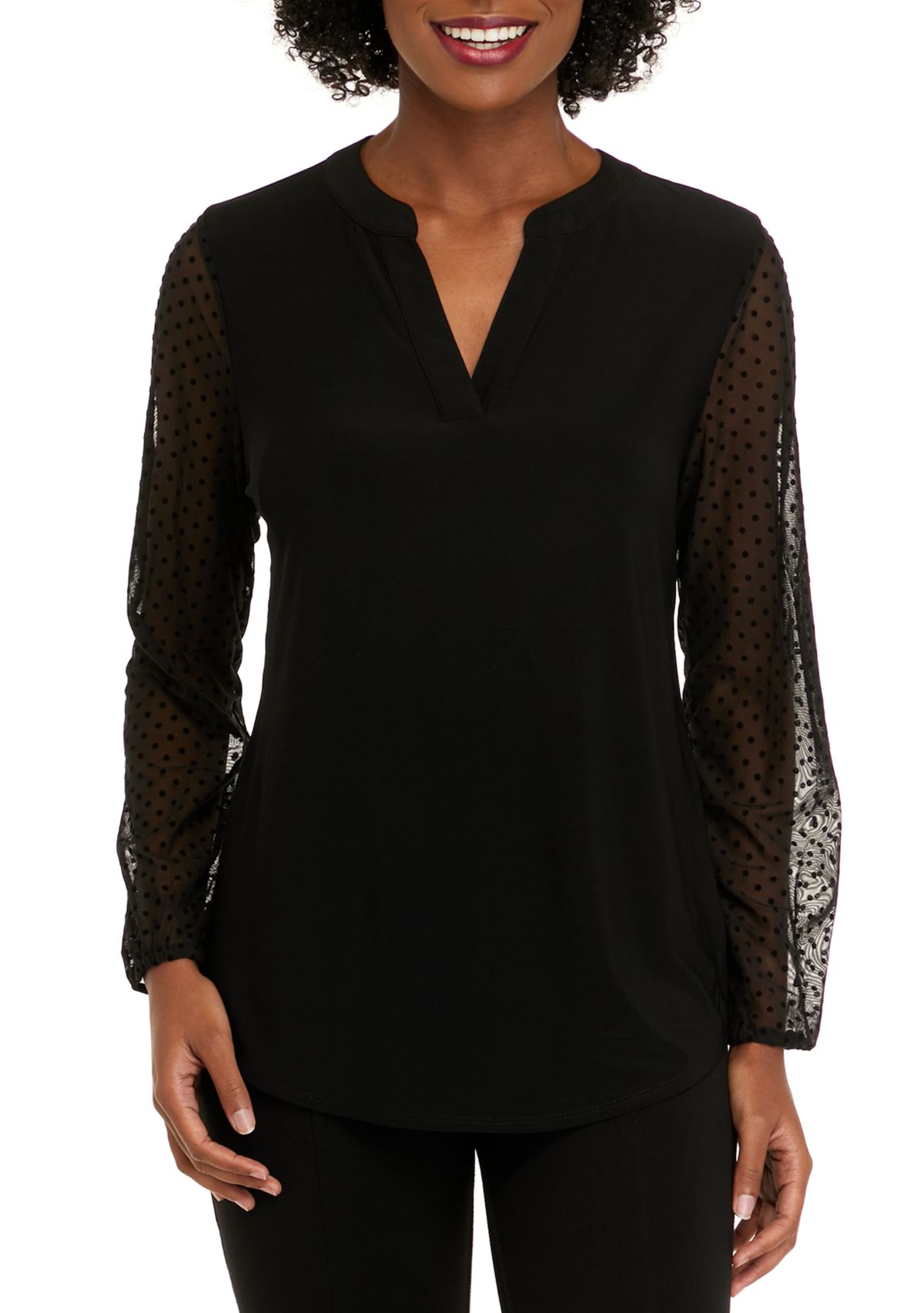 Womens Long Sleeve Lace Split Neck Tunic Top