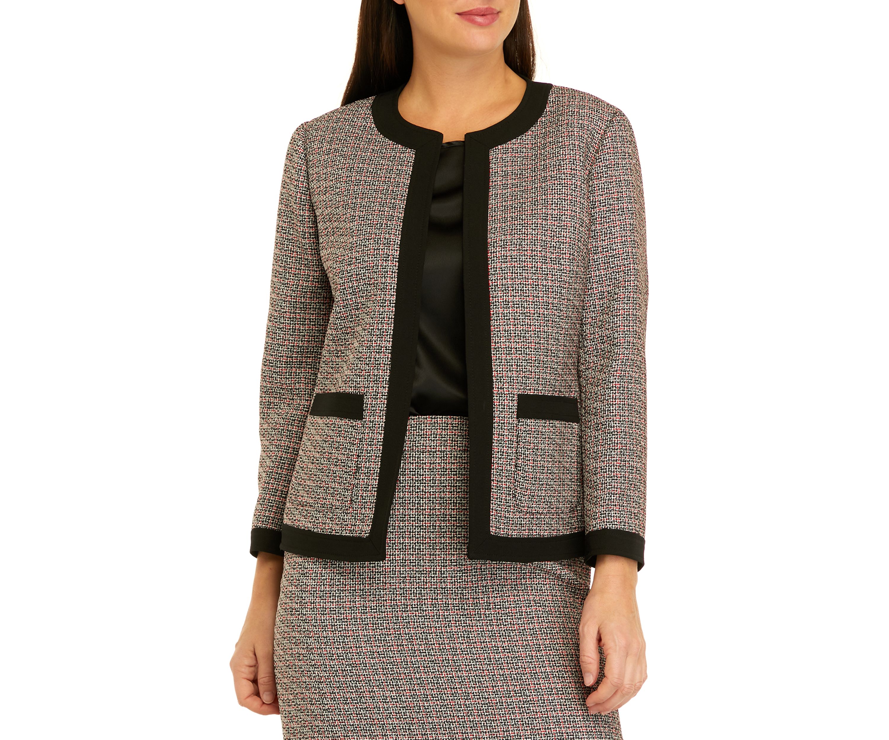 Petite Long Sleeve Tweed Piped Open Front Jacket