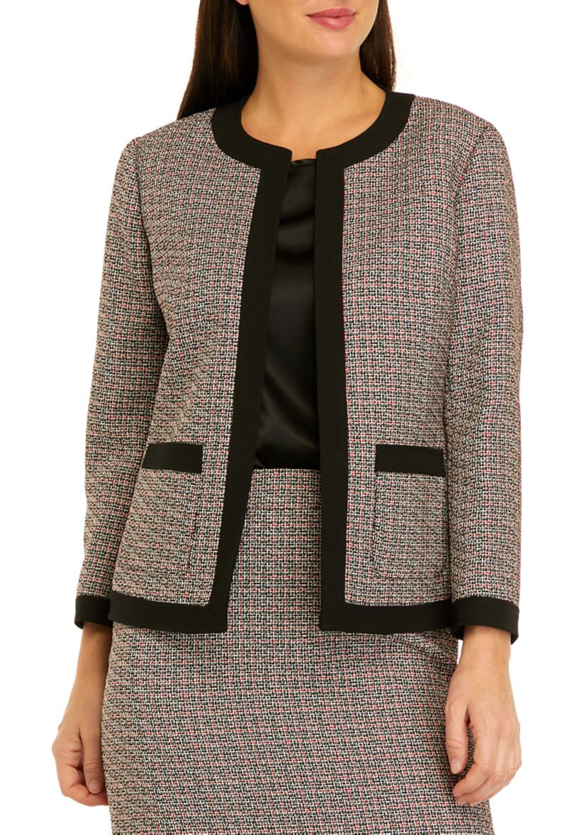 Petite Long Sleeve Tweed Piped Open Front Jacket
