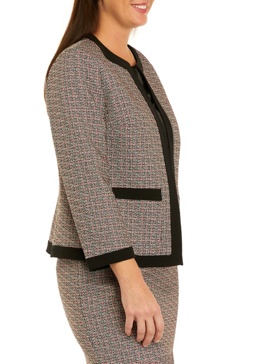 Petite Long Sleeve Tweed Piped Open Front Jacket