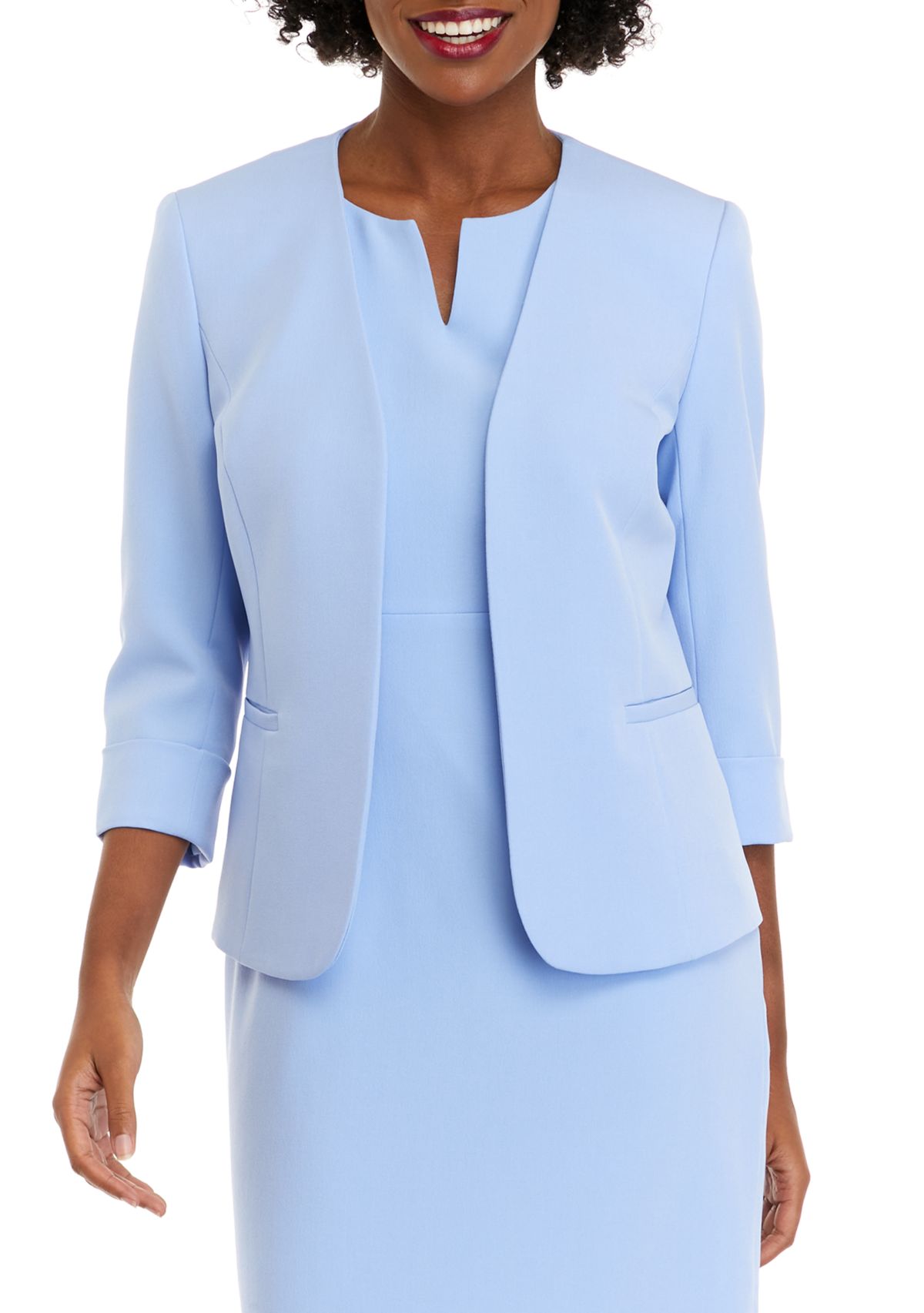 Womens 3/4 Rolled Sleeve Open Front Crepe Jacket