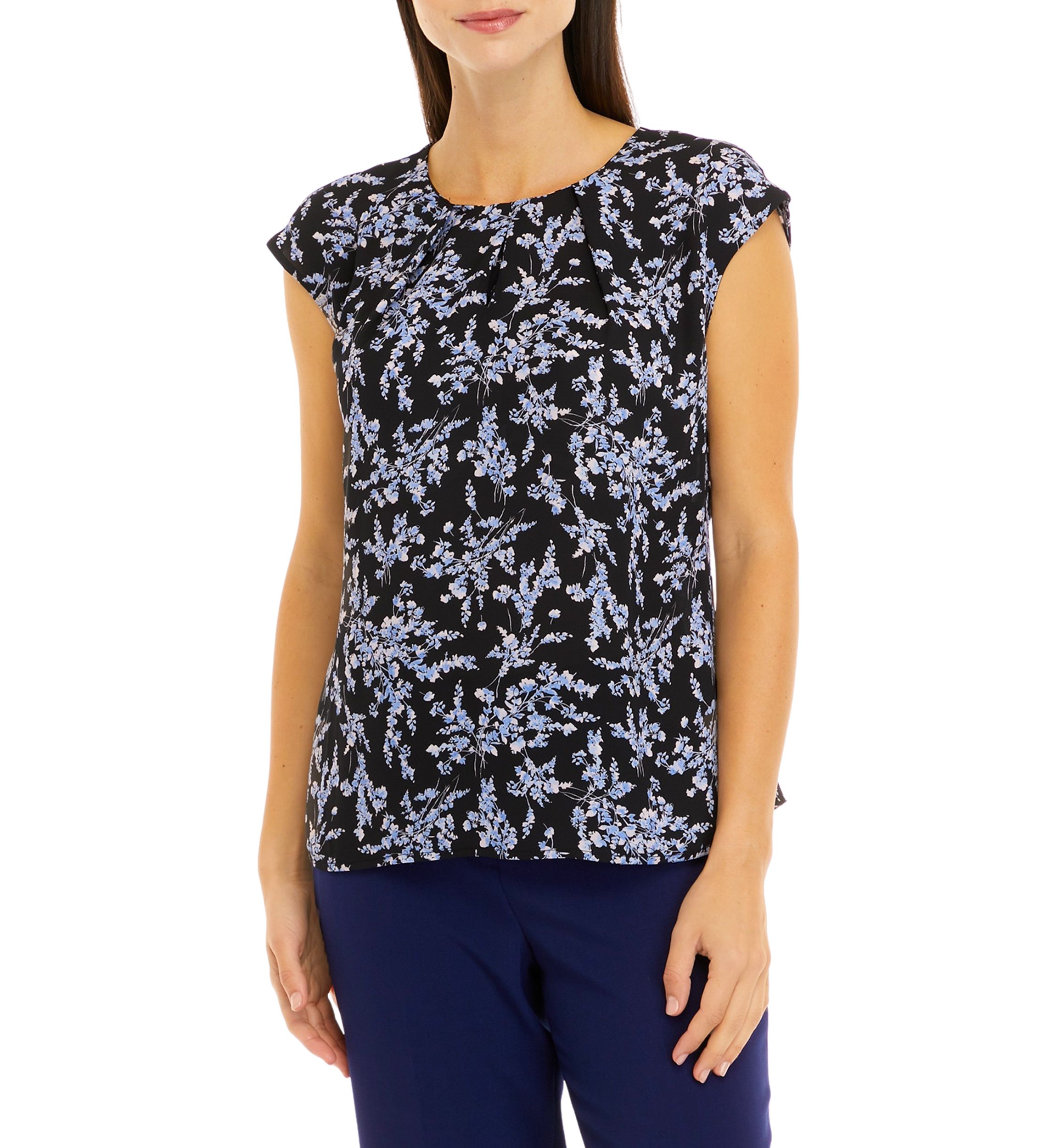 Womens Sleeveless Floral Print Slit Front Blouse