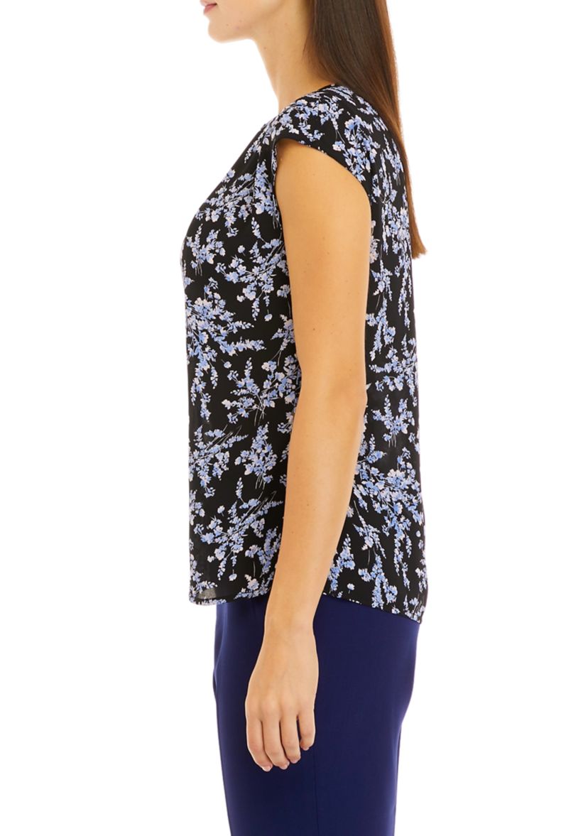 Womens Sleeveless Floral Print Slit Front Blouse