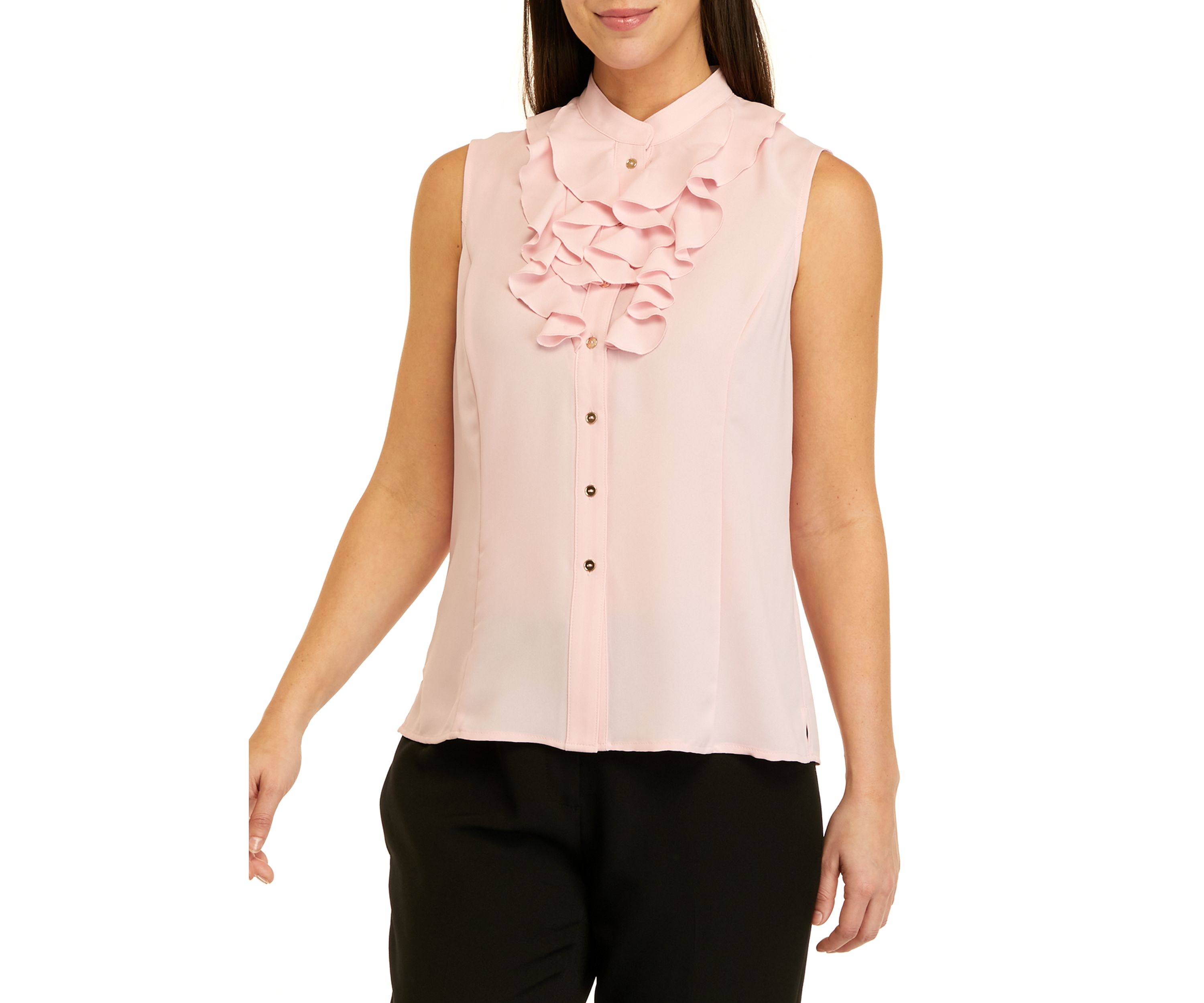 Petite Sleeveless Solid Ruffle Neck Top