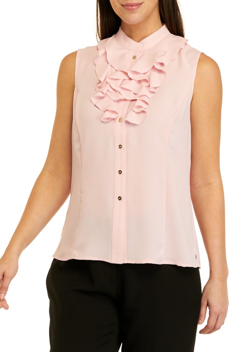 Petite Sleeveless Solid Ruffle Neck Top