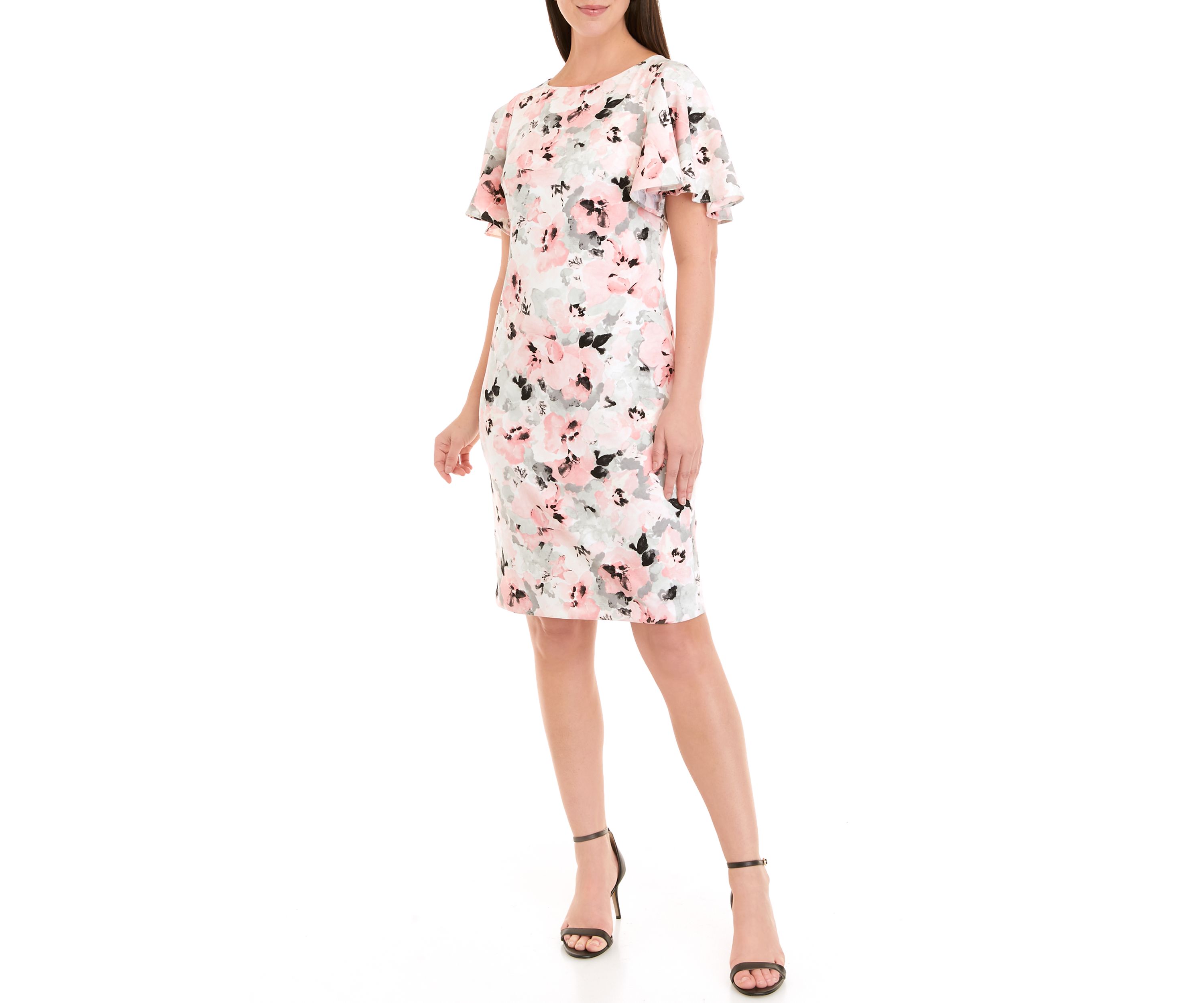 Womens Flutter Sleeve Print Sheath Dress