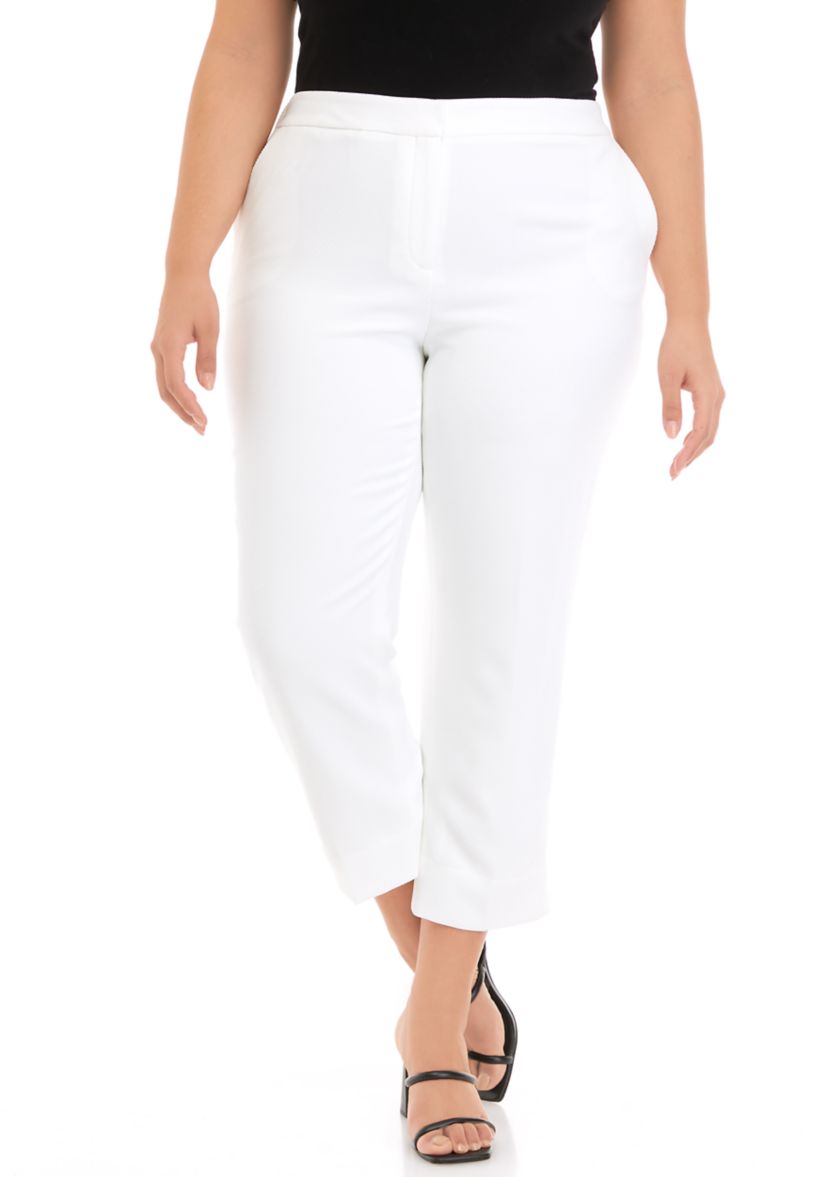 Plus Size Elastic Back Piqué Pants with Side Slits