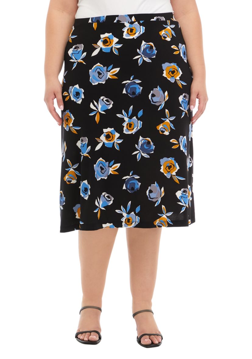Plus Size Floral Printed Midi Skirt