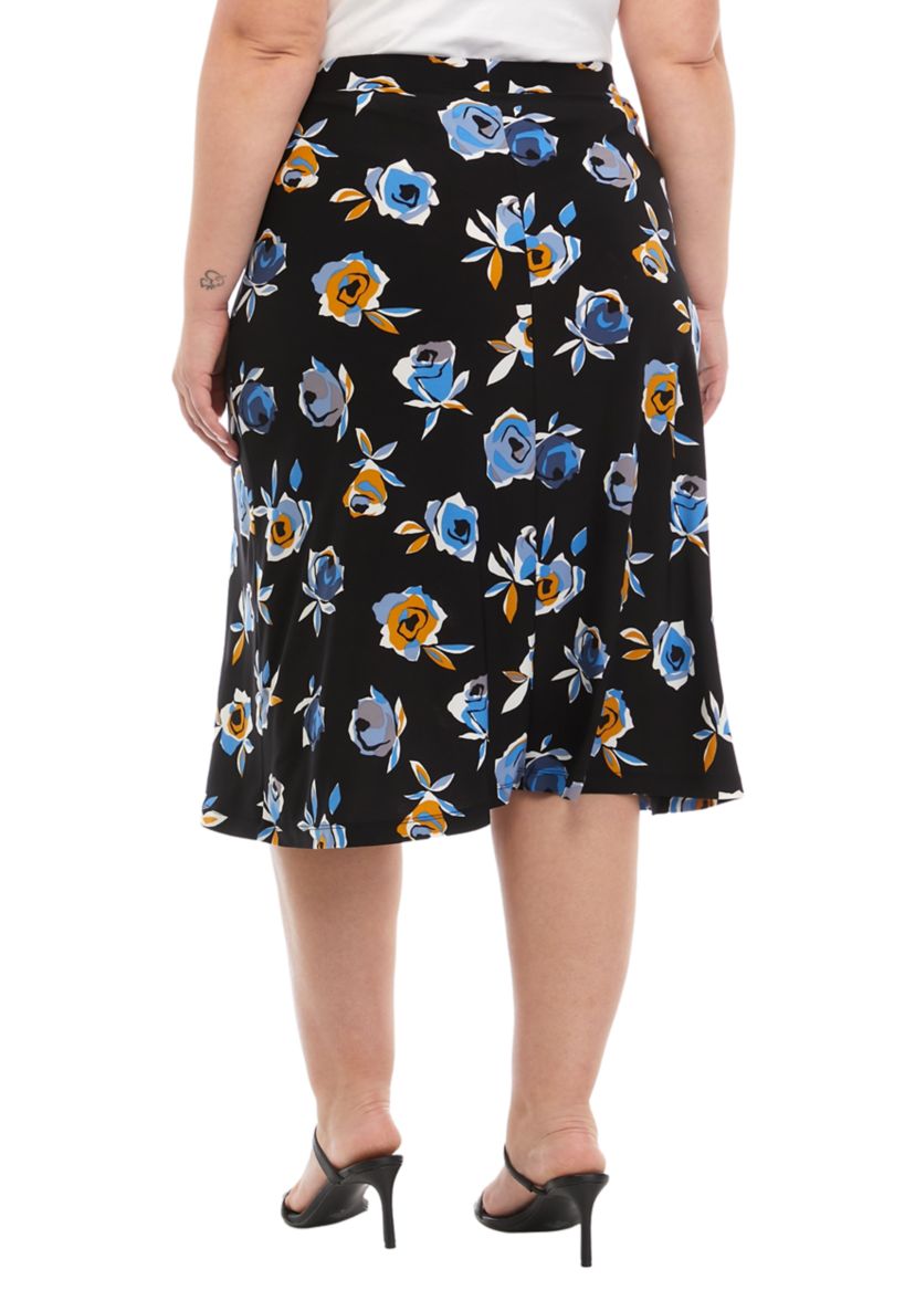 Plus Size Floral Printed Midi Skirt