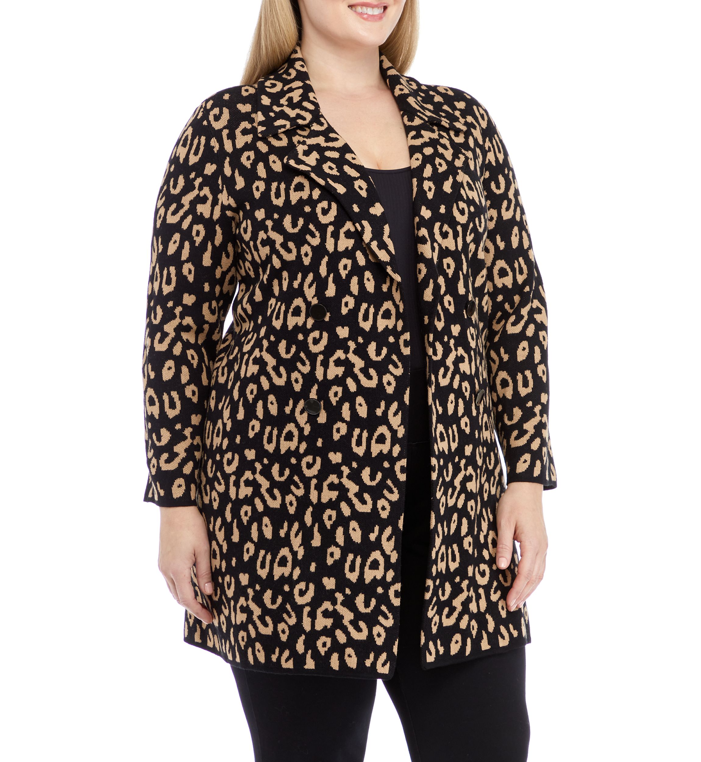 Plus Size Long Sleeve Notch Collar Leopard Coatigan