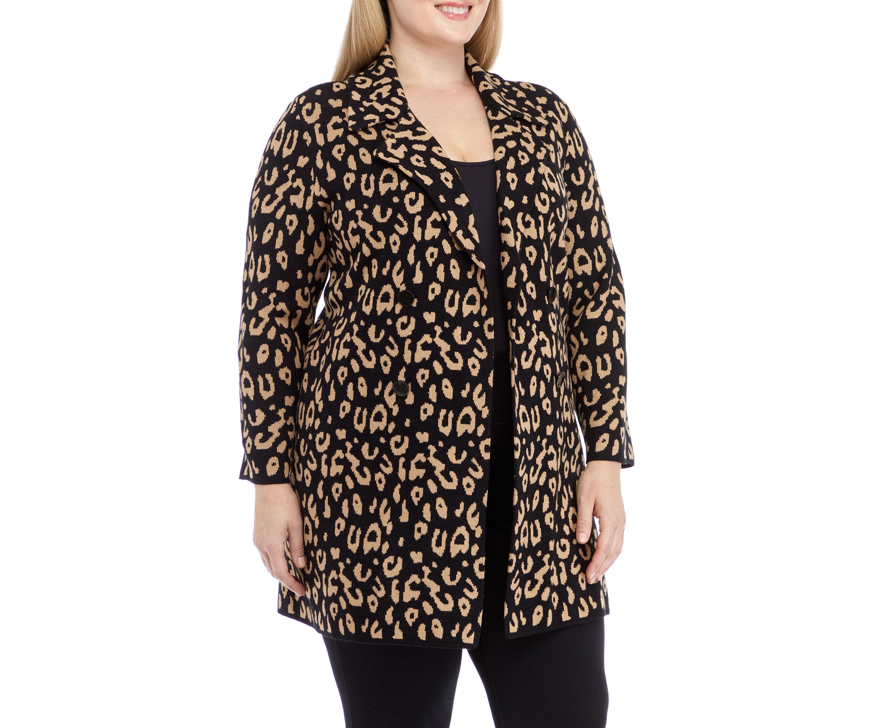 Plus Size Long Sleeve Notch Collar Leopard Coatigan
