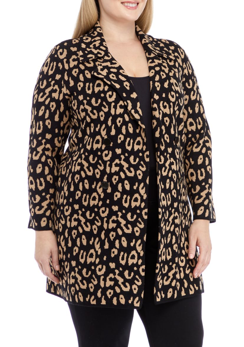Plus Size Long Sleeve Notch Collar Leopard Coatigan