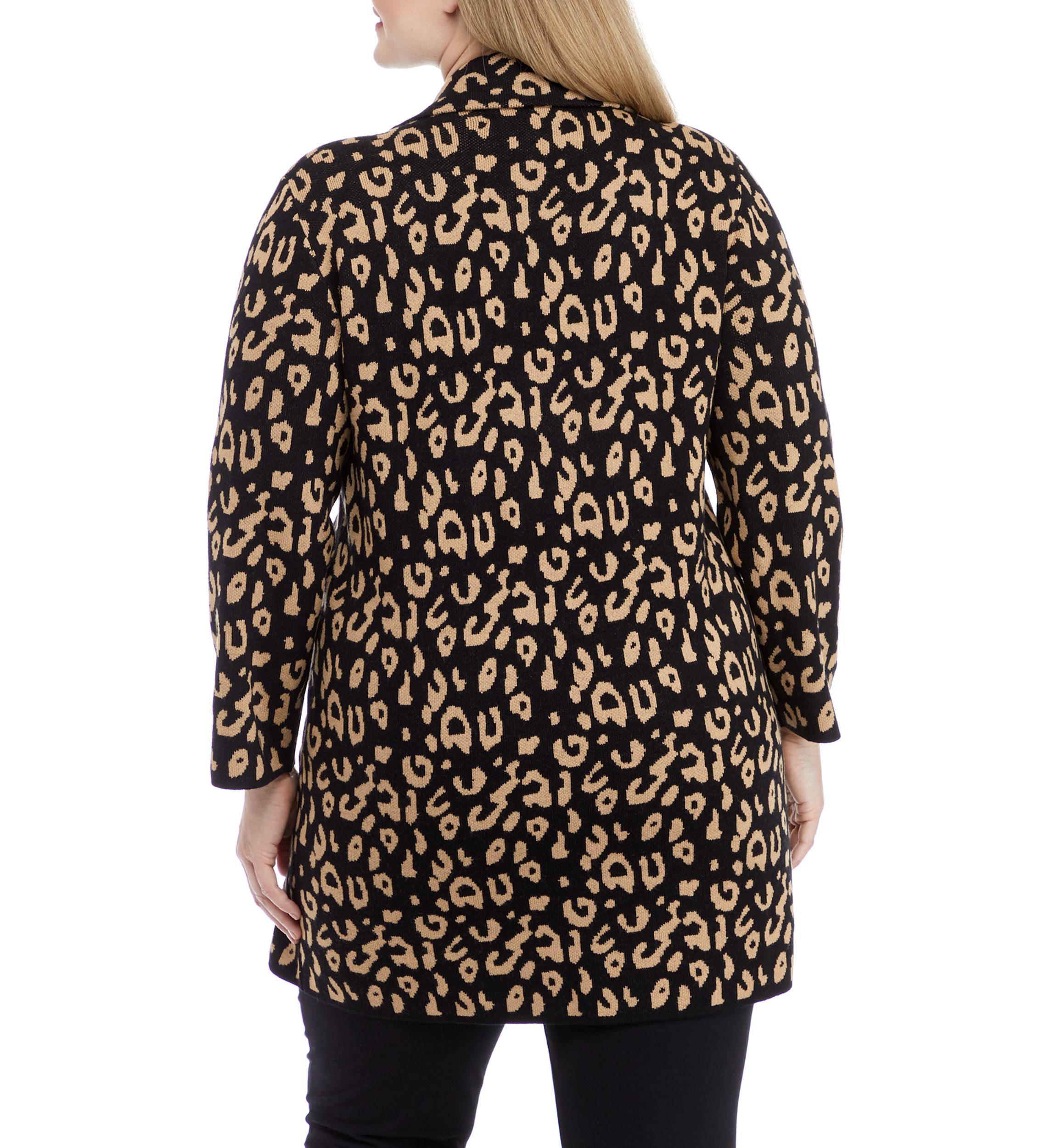 Plus Size Long Sleeve Notch Collar Leopard Coatigan